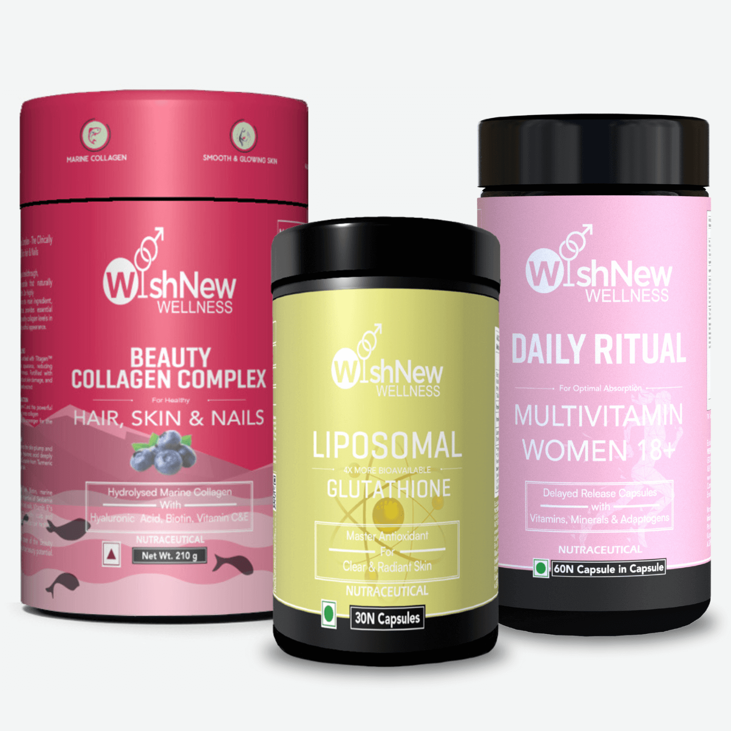 Three WishNew Wellness products: 'Beauty Collagen Complex' for healthy hair, skin, and nails, with marine collagen and vitamins; 'Liposomal Glutathione' as an antioxidant for clear, radiant skin; and 'Daily Ritual Multivitamin Women 18+' for optimal absorption with vitamins, minerals, and adaptogens.
