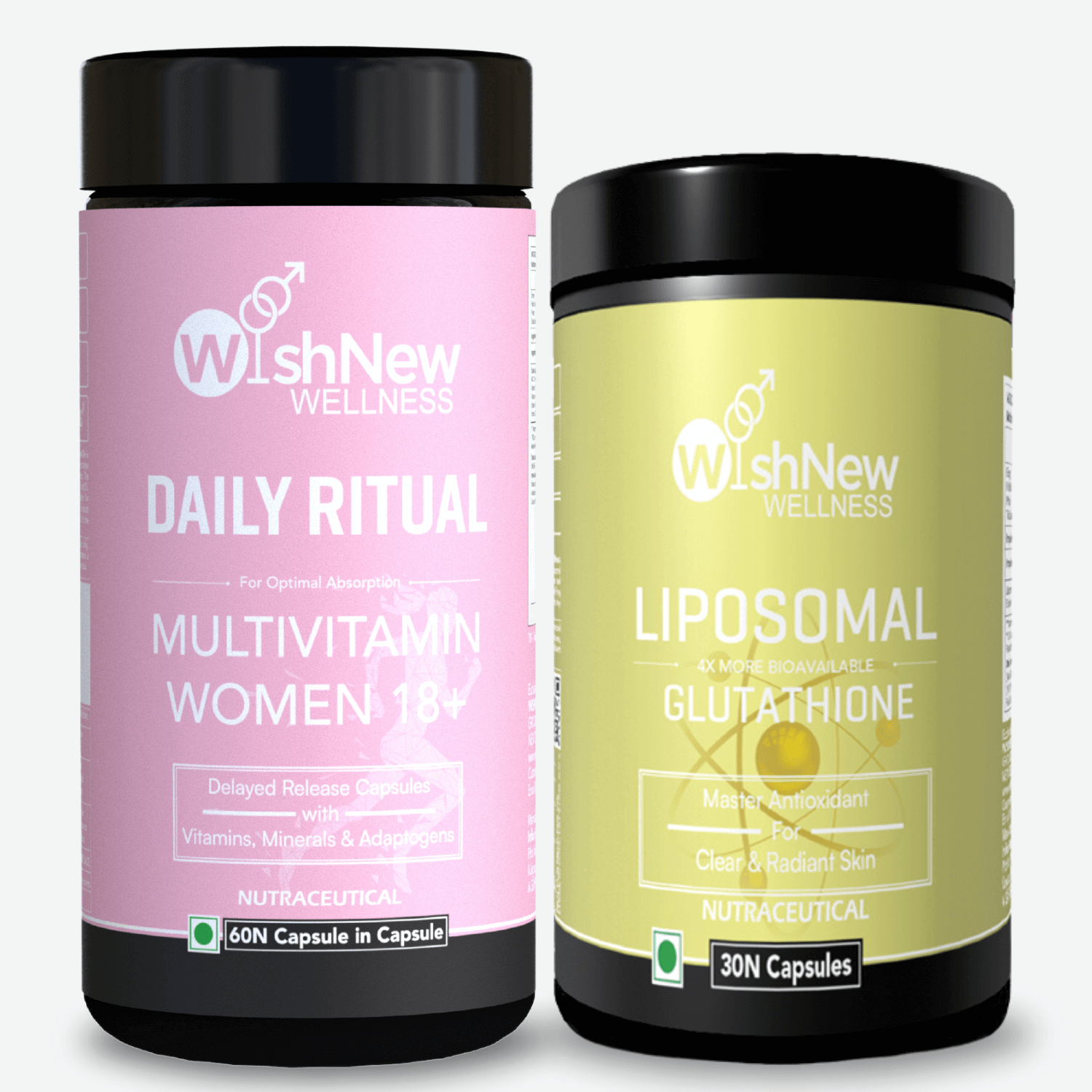 Two WishNew Wellness products: 'Daily Ritual Multivitamin Women 18+' for optimal absorption, featuring vitamins, minerals, and adaptogens; and 'Liposomal Glutathione', a master antioxidant for clear and radiant skin.