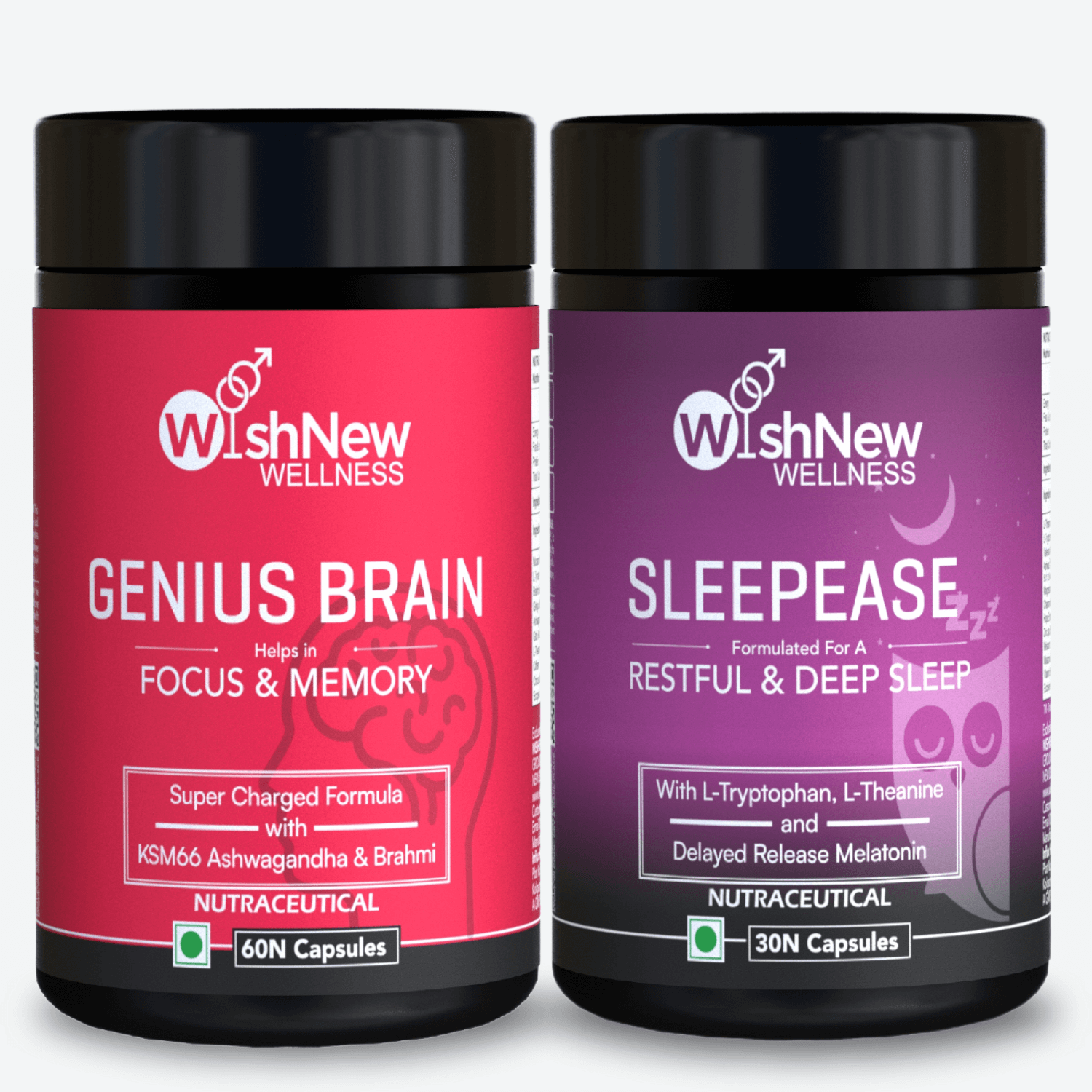 Two WishNew Wellness products: 'Genius Brain' for focus and memory enhancement with KSM66 Ashwagandha and Brahmi; and 'SleepEase' formulated for restful and deep sleep, featuring L-Tryptophan, L-Theanine, and Melatonin.