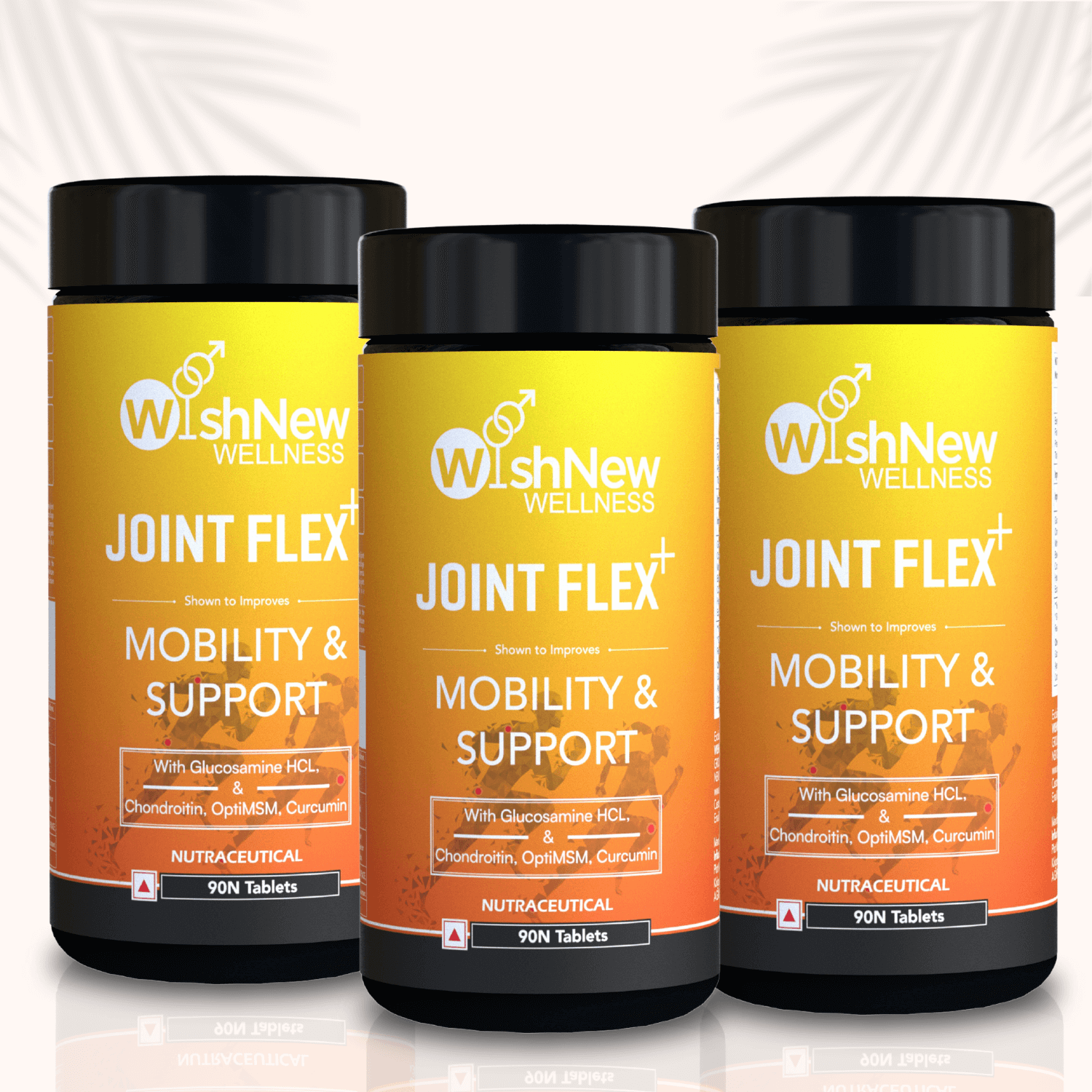 Image featuring three bottles of WishNew Wellness Joint Flex+ arranged side by side, emphasizing its benefits for mobility and joint support. The design highlights the product's vibrant orange label against a clean, neutral background.