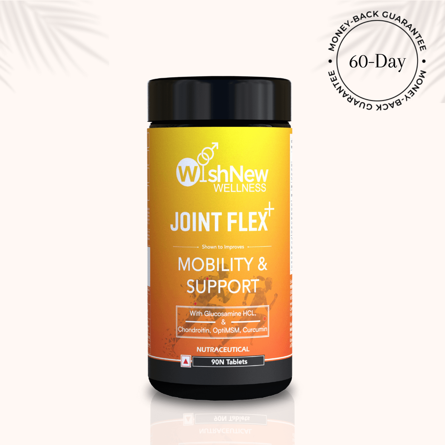 
WishNew Wellness Joint Flex+ supplement bottle with a vibrant orange label, featuring key benefits of mobility and support, enriched with Glucosamine HCL, Chondroitin, OptiMSM, and Curcumin. The label highlights a 60-day money-back guarantee and contains 90 tablets for joint health.
