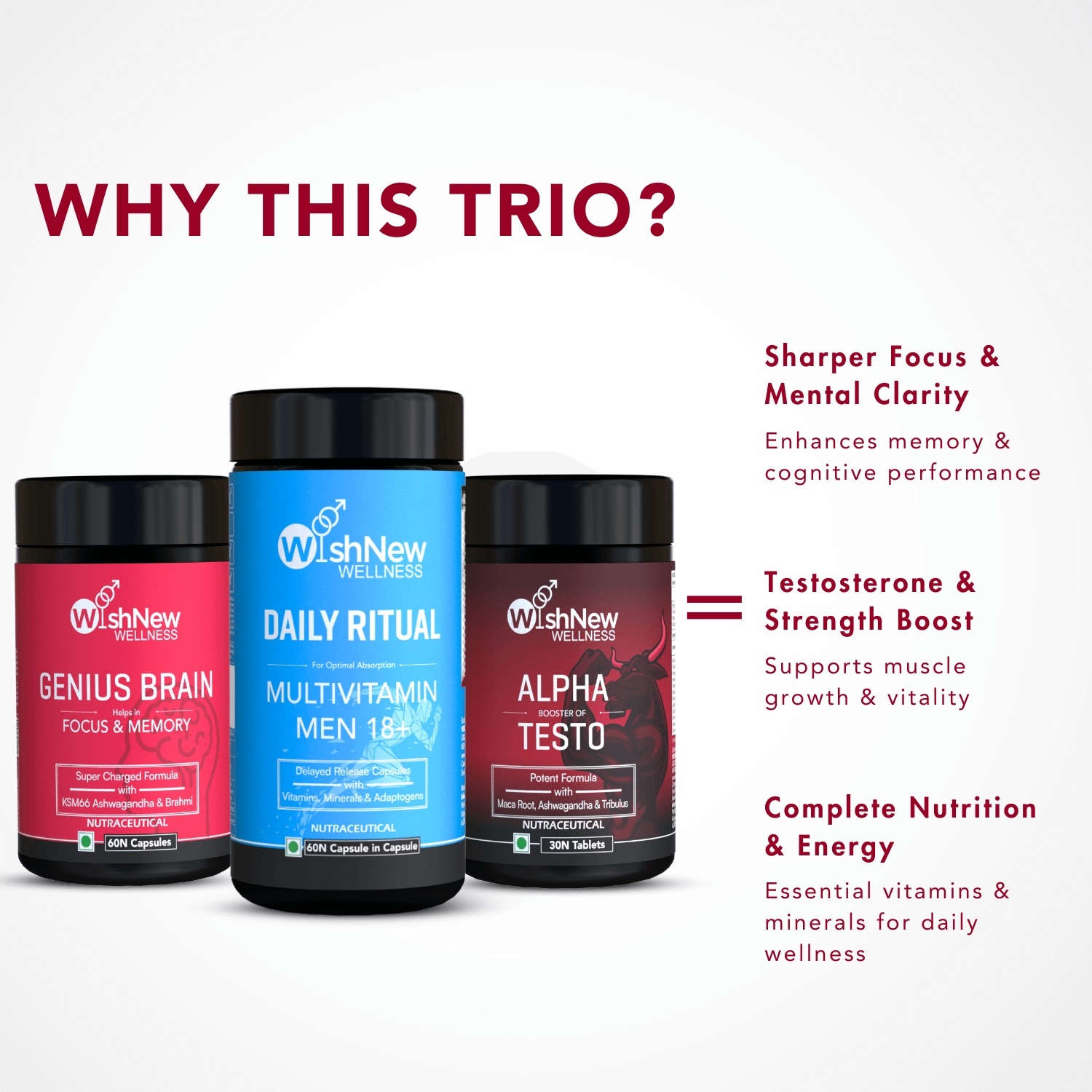 Men's Performance Trio: Multivitamin Men 18+ + Alpha Booster Of Testo + Genius Brain