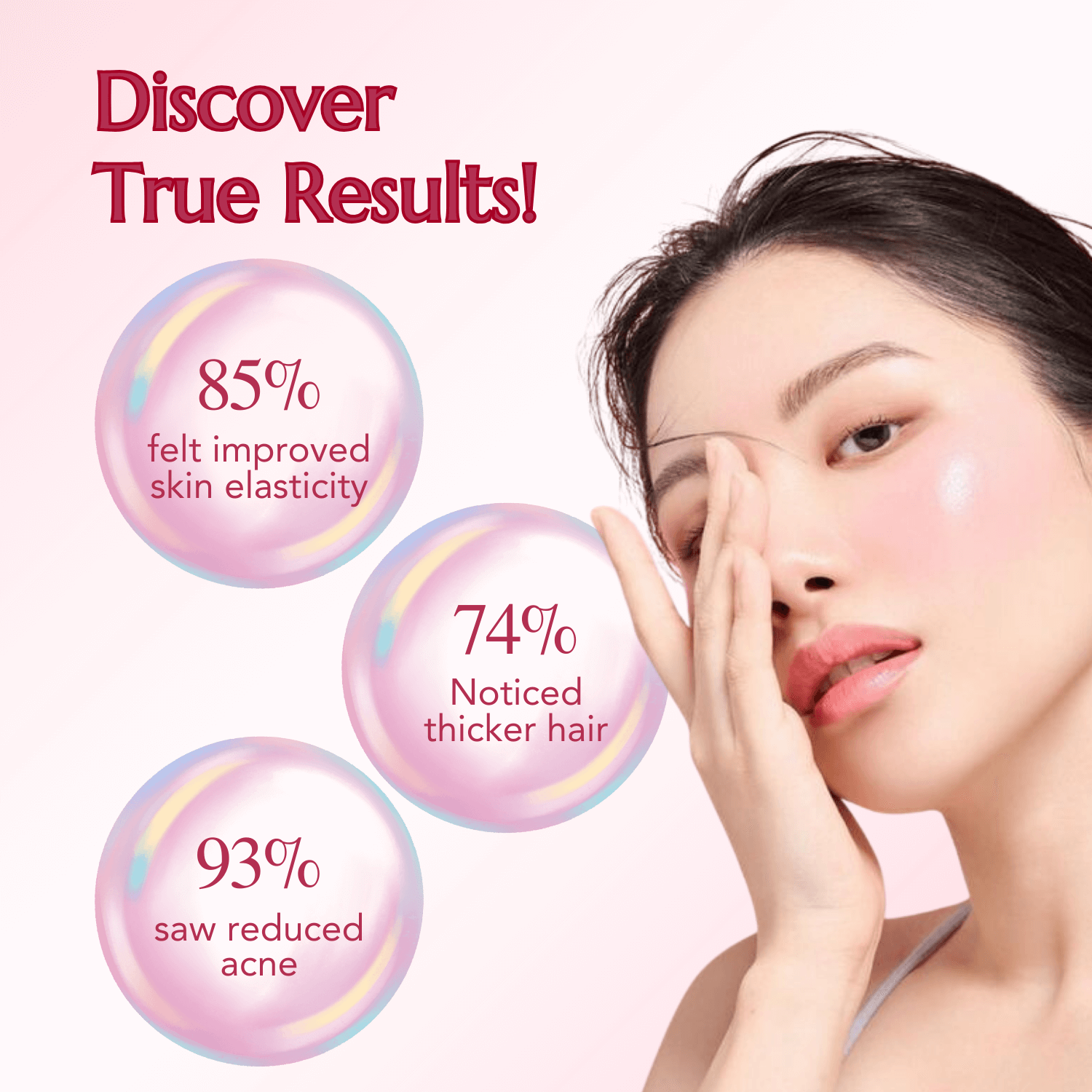 85% saw improved skin elasticity, 74% noticed thicker hair, 93% saw reduced acne.