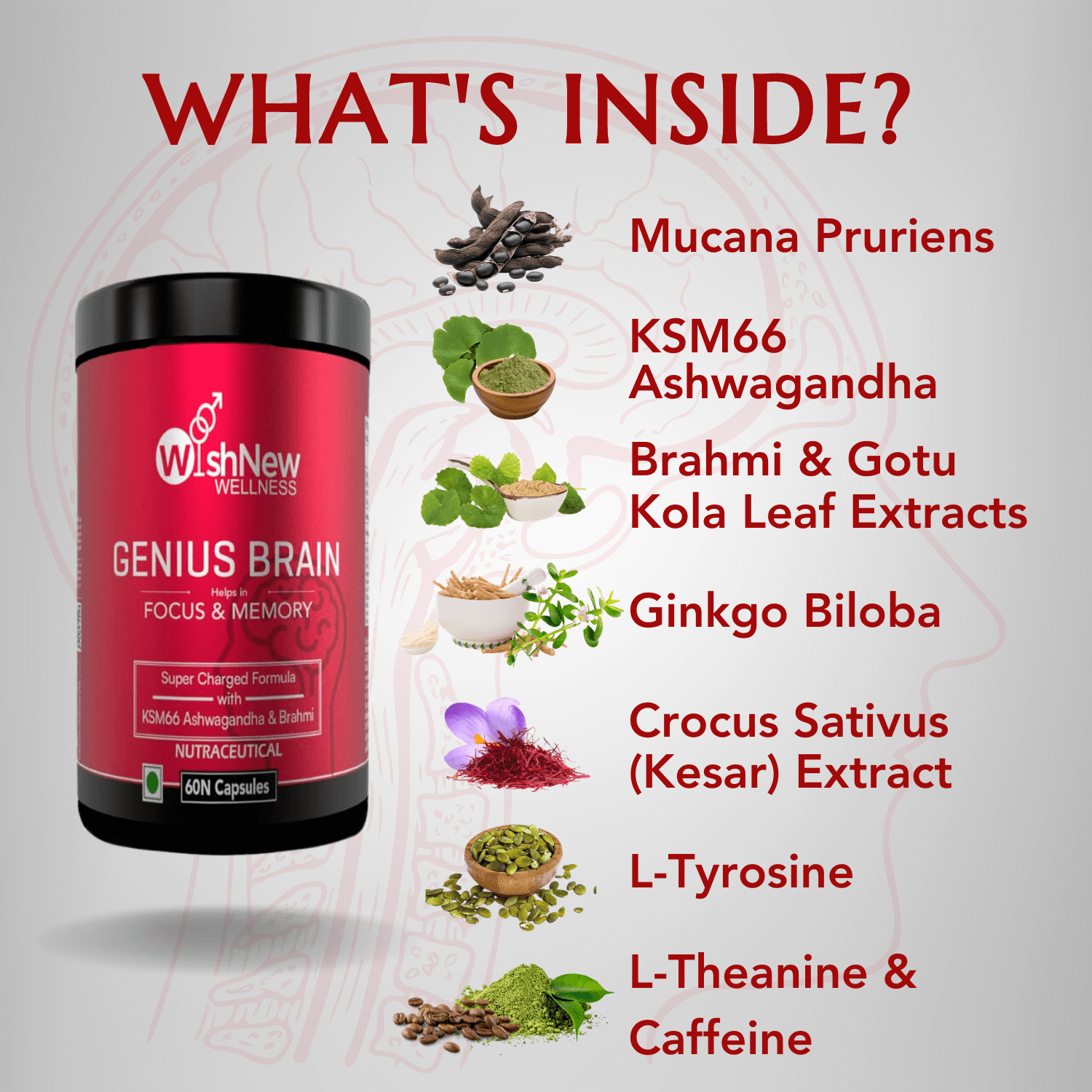 Ingredients: Mucuna Pruriens, Ashwagandha, Brahmi, Gotu Kola, Ginkgo Biloba, Kesar, L-Tyrosine, L-Theanine, Caffeine.