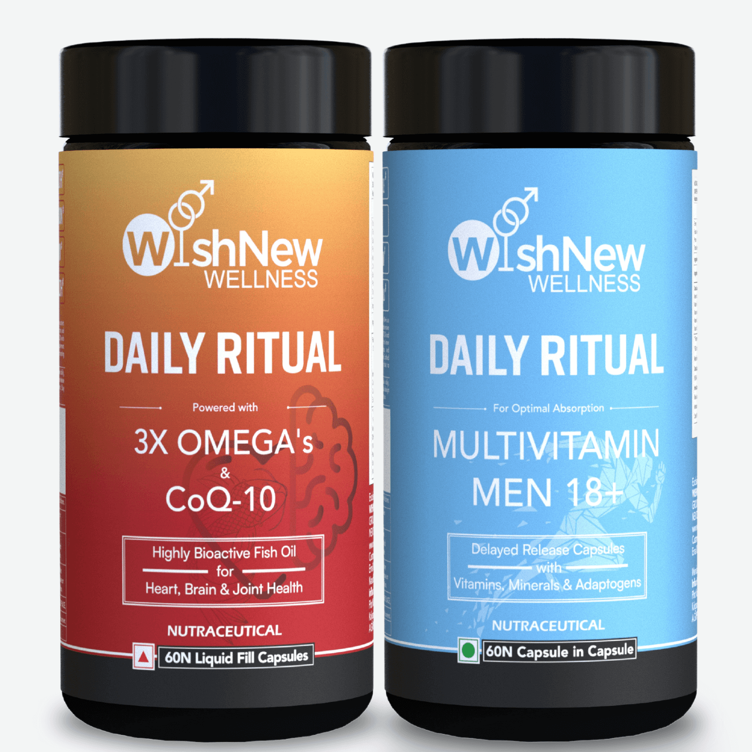 Two WishNew Wellness products: 'Daily Ritual 3X Omega's & CoQ-10' for heart, brain, and joint health, and 'Daily Ritual Multivitamin Men 18+' for optimal absorption with vitamins, minerals, and adaptogens.