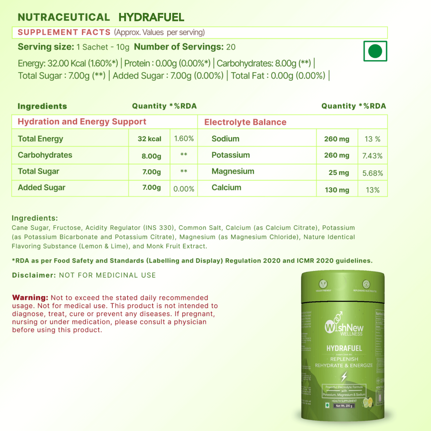 Hydrafuel supplement facts with key ingredients: energy, sugar, sodium, potassium, magnesium, calcium.