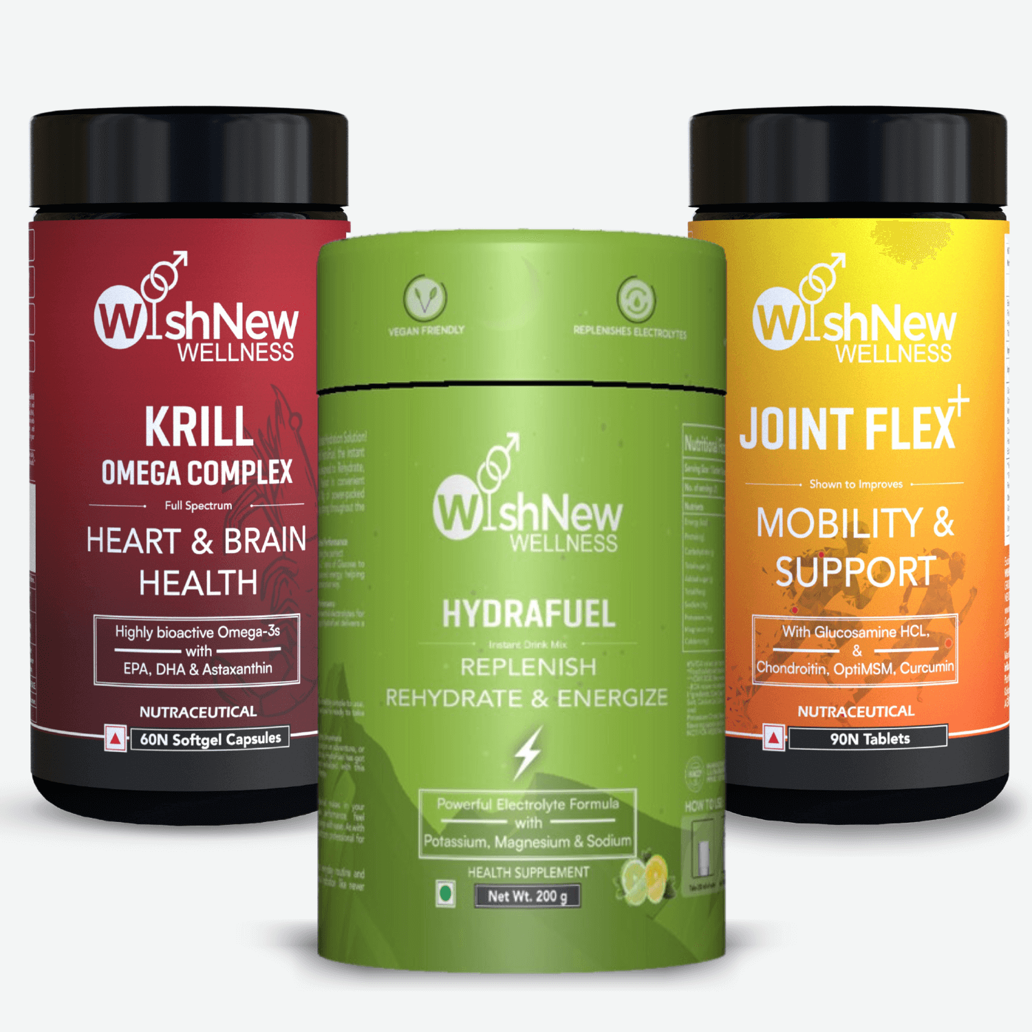 Three WishNew Wellness products: 'Krill Omega Complex' for heart and brain health with EPA, DHA, and astaxanthin; 'Hydrafuel' electrolyte drink mix for rehydration and energy replenishment; and 'Joint Flex+' for mobility and support with glucosamine, chondroitin, and curcumin.