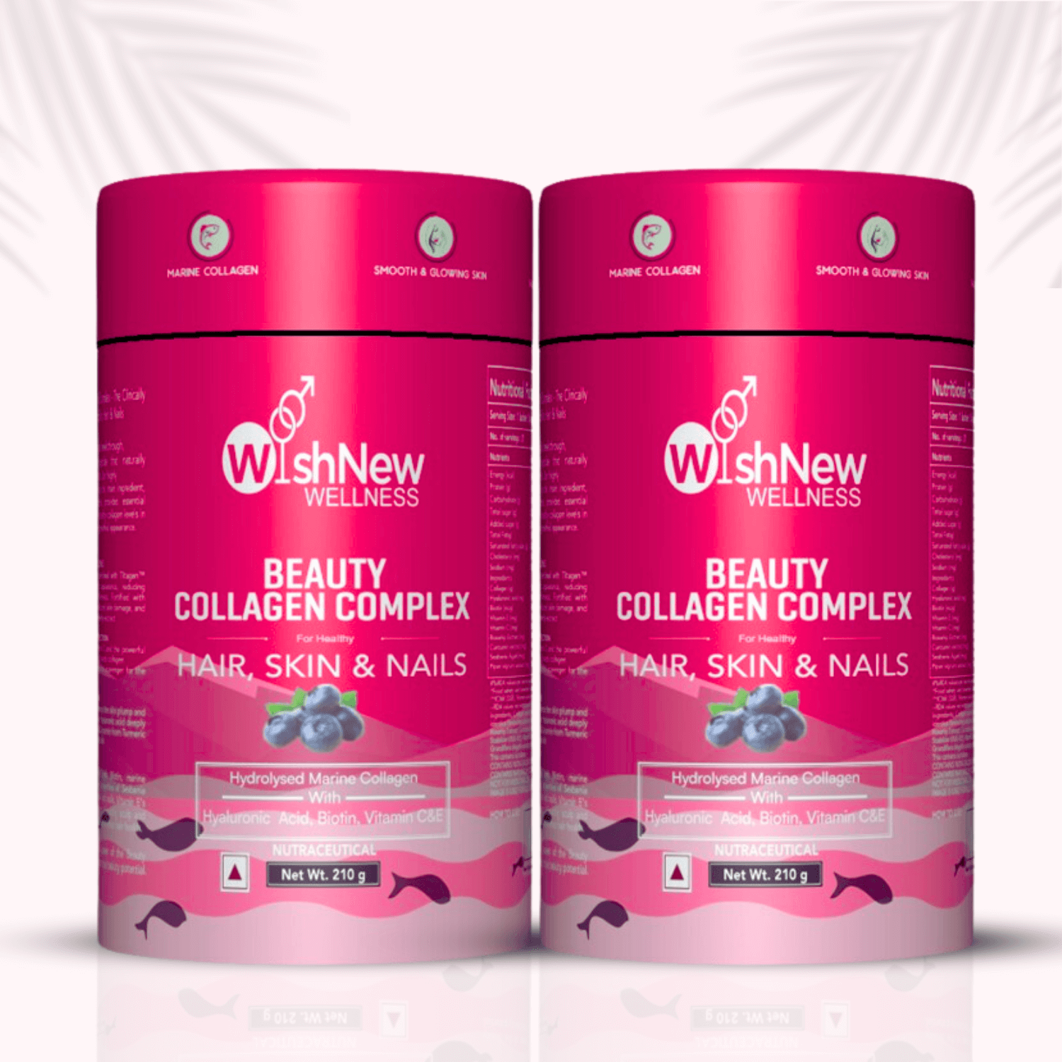 Image showcasing two WishNew Wellness Beauty Collagen Complex containers side by side. The vibrant pink packaging highlights key benefits for hair, skin, and nails, emphasizing the use of Hydrolyzed Marine Collagen, Hyaluronic Acid, Biotin, and Vitamins C & E. The background features soft palm leaf shadows, adding a natural and aesthetic touch.