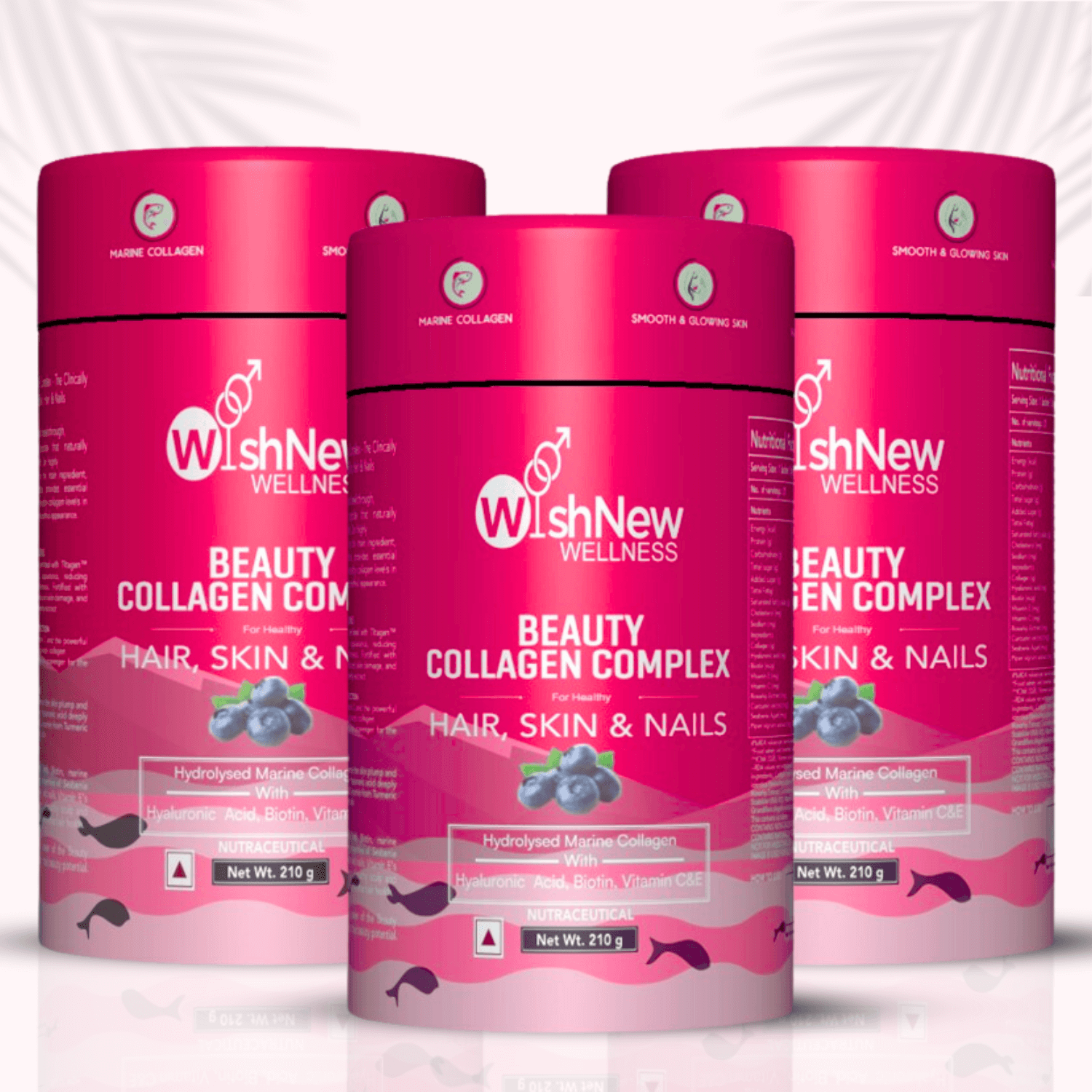 "Image displaying three containers of WishNew Wellness Beauty Collagen Complex, arranged side by side. The bold pink packaging emphasizes benefits for hair, skin, and nails, featuring Hydrolyzed Marine Collagen, Hyaluronic Acid, Biotin, and Vitamins C & E. The background includes soft palm leaf shadows, adding a natural and elegant touch.