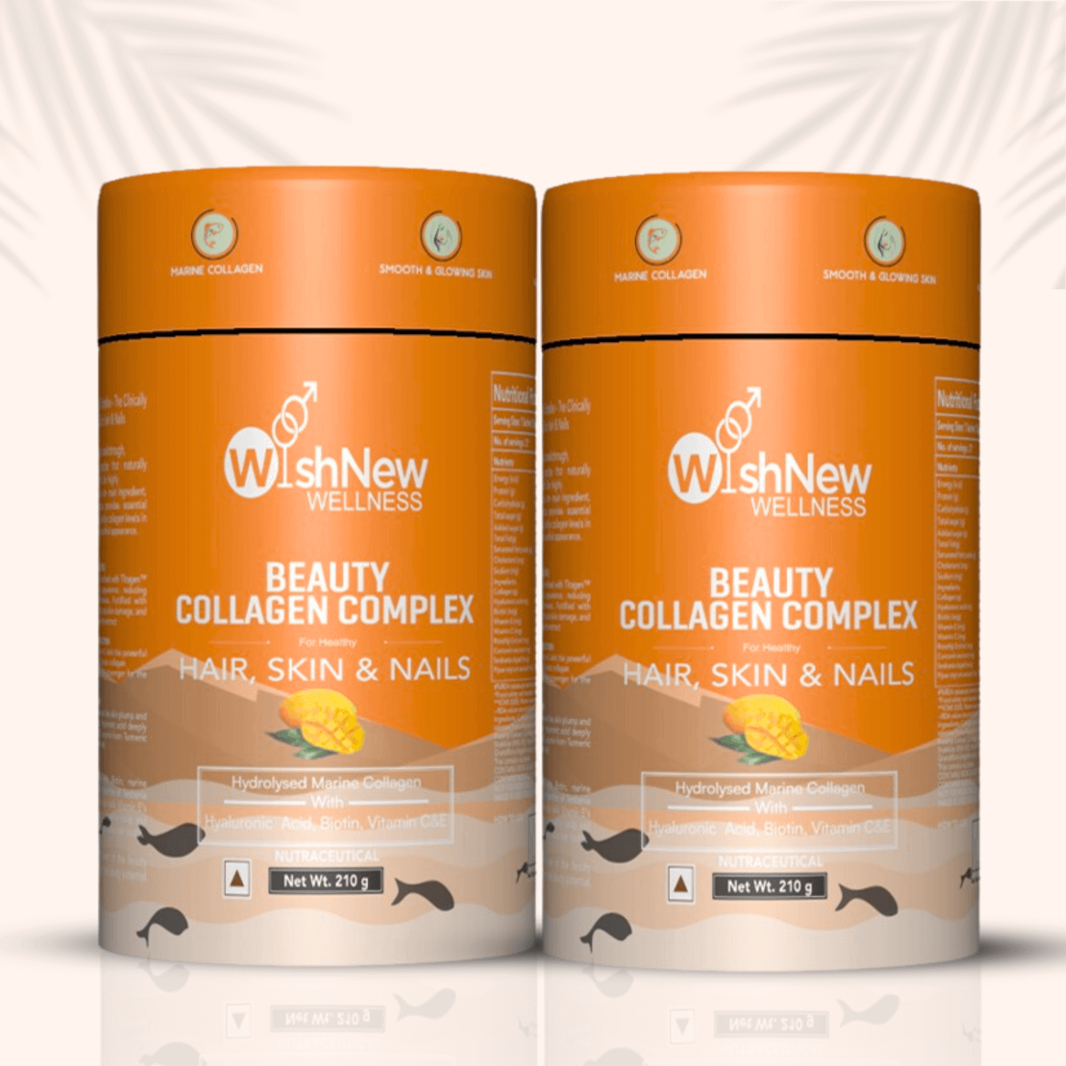 The image displays two containers of WishNew Wellness Beauty Collagen Complex. The orange packaging emphasizes the product’s benefits for healthy hair, skin, and nails, containing hydrolyzed marine collagen, hyaluronic acid, biotin, and vitamins C and E. Icons on top highlight marine collagen and smooth, glowing skin.