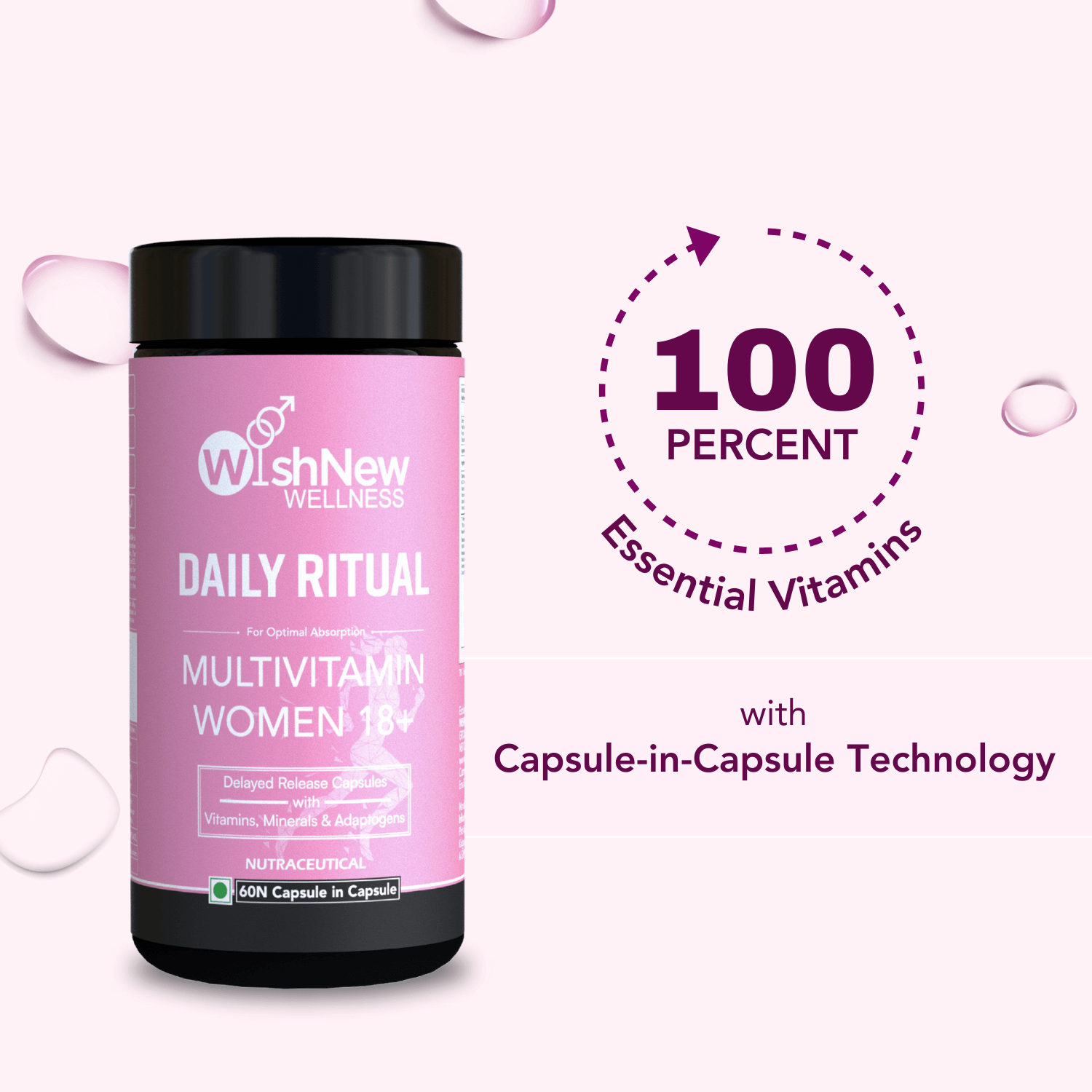 A pink-themed graphic showcasing the WishNew Wellness Daily Ritual Multivitamin for Women 18+. The text highlights "100 PERCENT Essential Vitamins with Capsule-in-Capsule Technology." The product bottle is prominently displayed on the left.