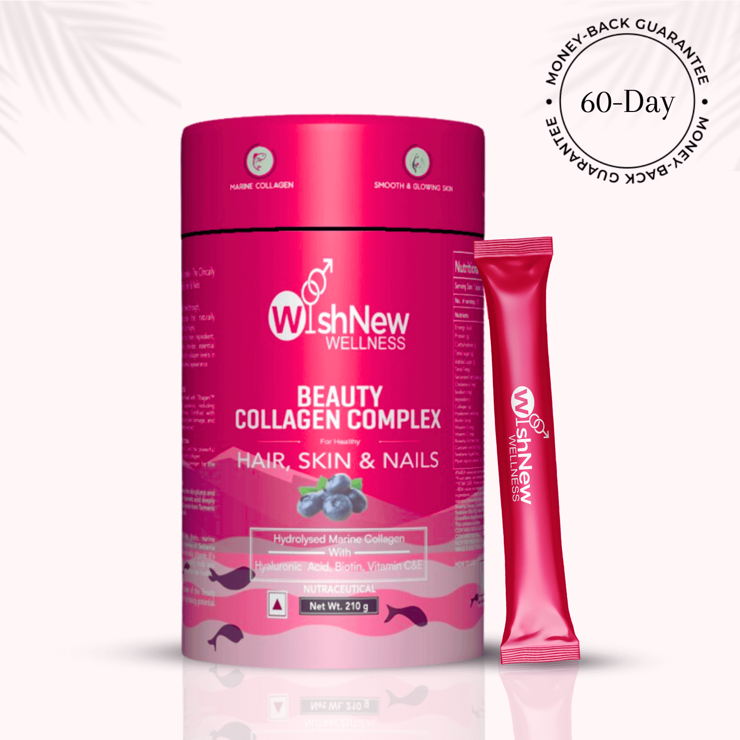 The image shows a container and a single-serve sachet of WishNew Wellness Beauty Collagen Complex. The pink packaging emphasizes its benefits for healthy hair, skin, and nails, featuring hydrolyzed marine collagen, hyaluronic acid, biotin, and vitamins C and E. A "60-Day Money-Back Guarantee" badge is visible in the top right corner.