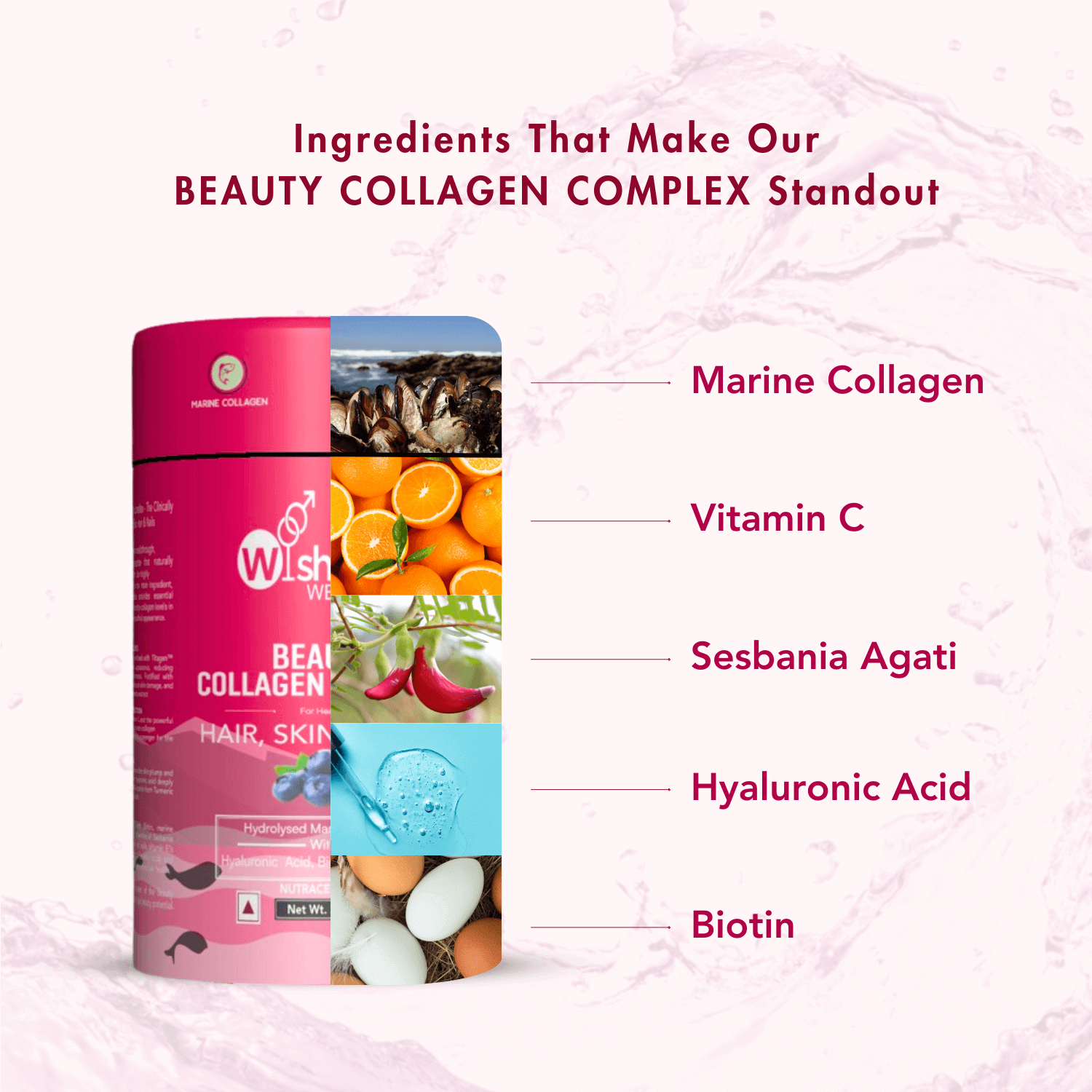 Infographic highlighting the standout ingredients of WishNew Wellness Beauty Collagen Complex, including Marine Collagen for skin elasticity, Vitamin C for antioxidant benefits, Sesbania Agati for nourishment, Hyaluronic Acid for hydration, and Biotin for hair and nail health. The design features vibrant ingredient visuals and product packaging.