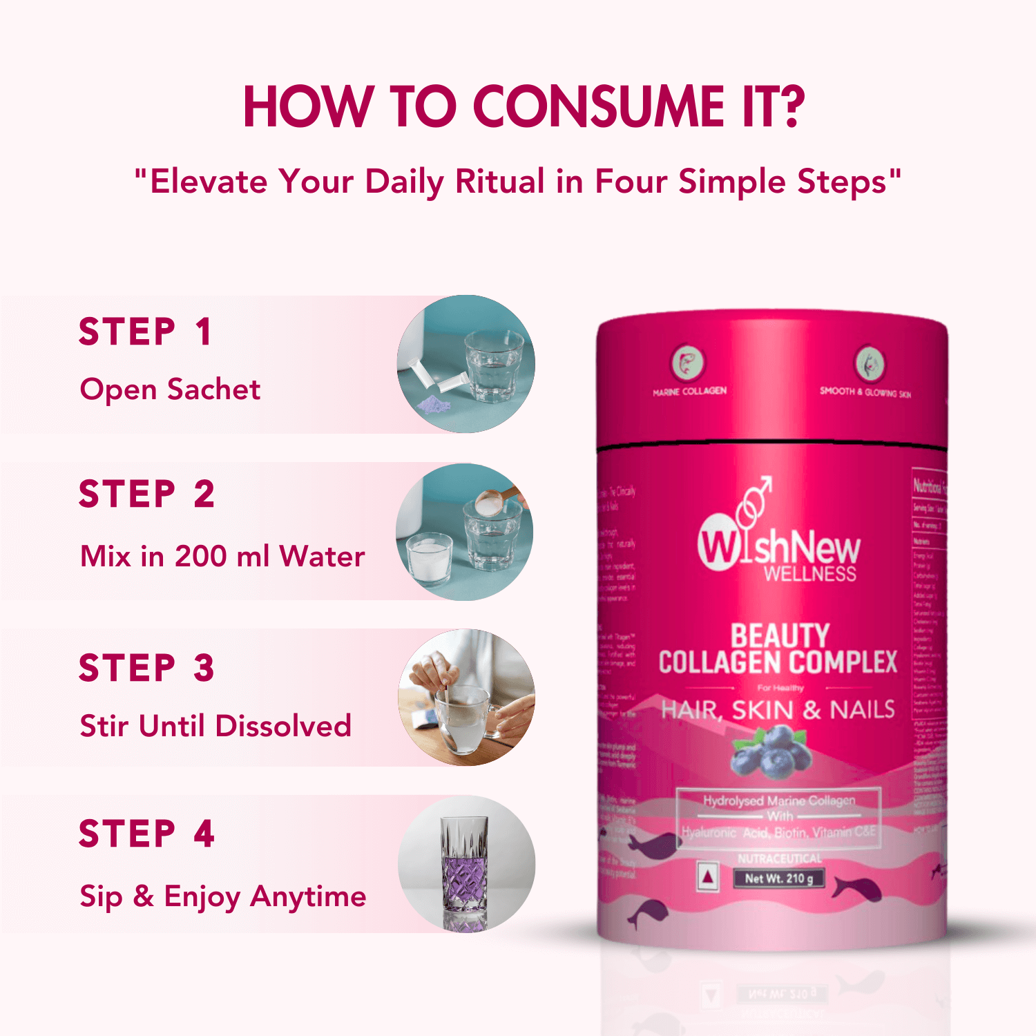 Supplement facts table for WishNew Wellness Beauty Collagen Complex, detailing key ingredients and their quantities, including 5g of collagen for skin elasticity, 100mg of hyaluronic acid, 40mcg of biotin for hair and nail strength, and 5mg of piper nigrum extract for nutrient absorption enhancement. Highlights antioxidant support with Vitamin E, Vitamin C, and curcumin extract. Includes icons emphasizing the product as tested, pure, and delivering faster results.