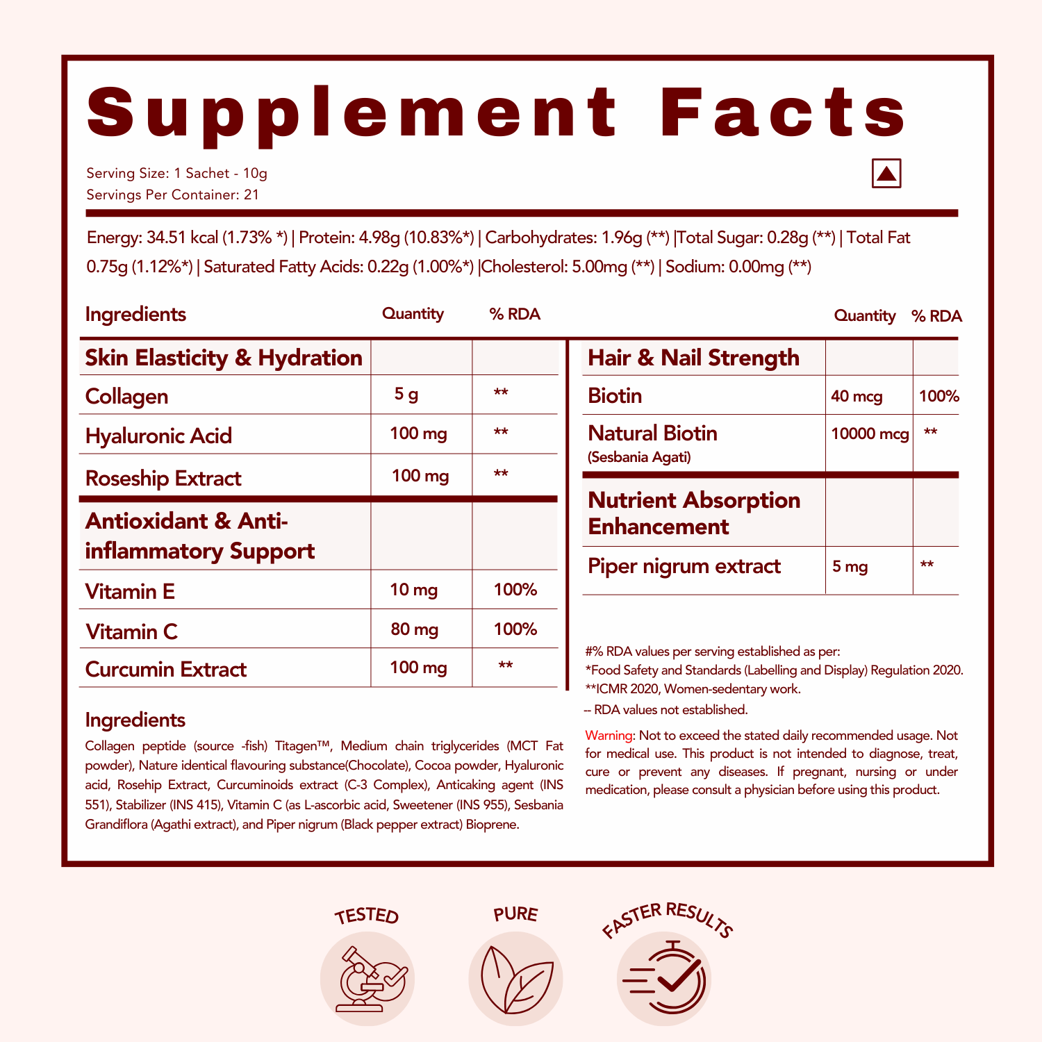 Comprehensive supplement facts for WishNew Wellness Beauty Collagen Complex, highlighting its premium ingredients such as 5g marine collagen, hyaluronic acid, rosehip extract, and biotin, scientifically designed for skin, hair, and nail health.