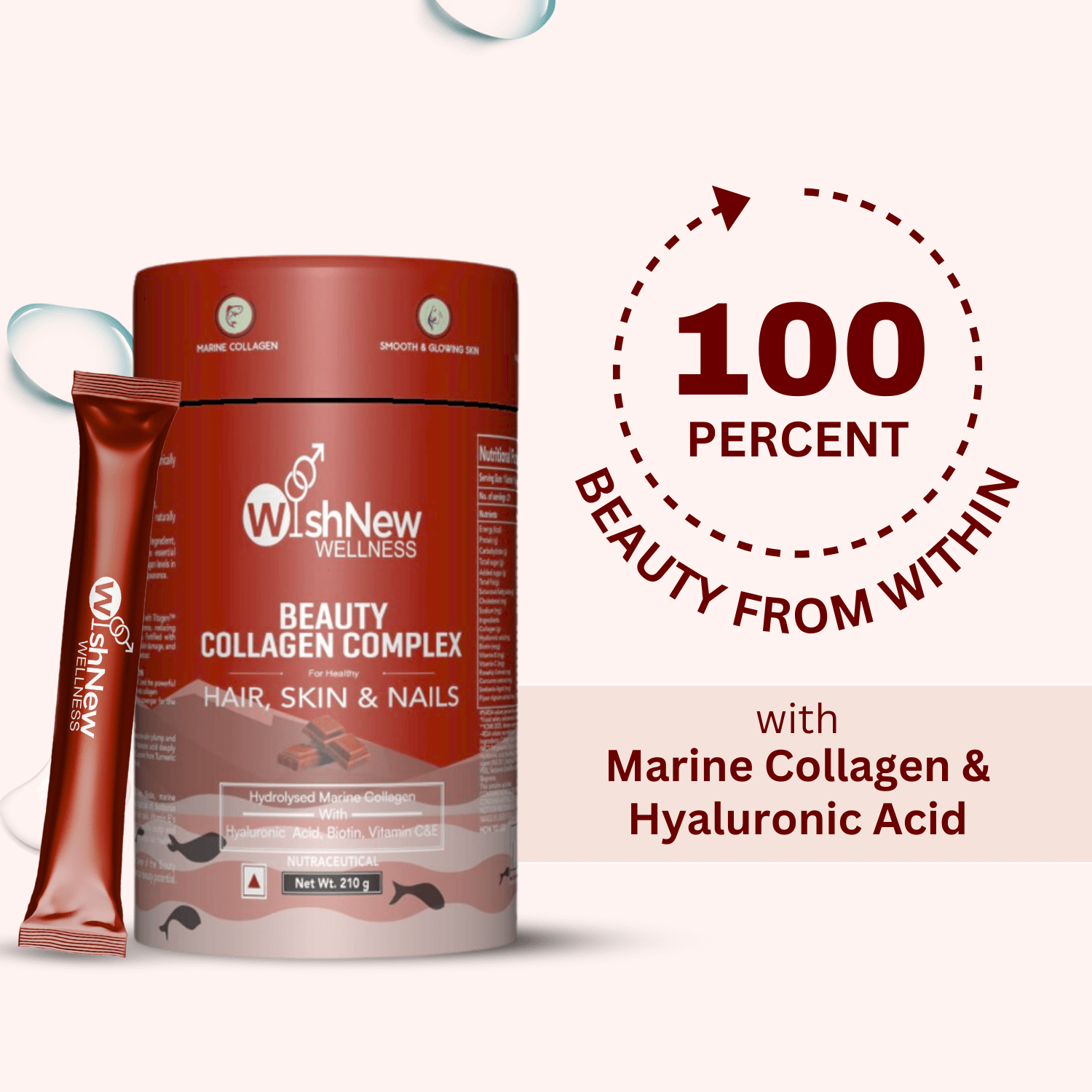 WishNew Wellness Beauty Collagen Complex: 100% Beauty from Within with Marine Collagen & Hyaluronic Acid for healthy hair, skin, and nails.