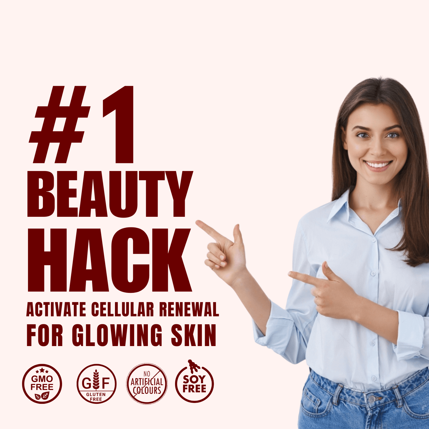 Visual highlighting WishNew Wellness as the #1 beauty hack for activating cellular renewal and achieving glowing skin. Features key benefits like GMO-free, gluten-free, no artificial colors, and soy-free formulation.