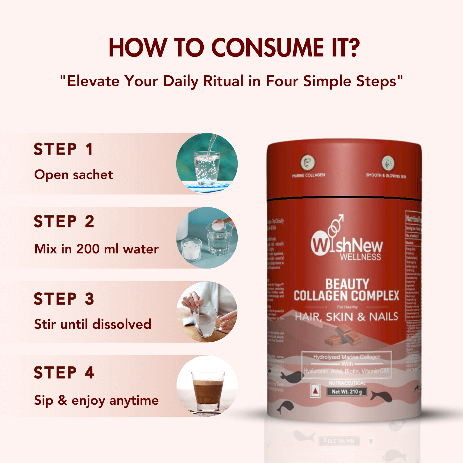 Guide to consuming WishNew Wellness Beauty Collagen Complex in four easy steps: open the sachet, mix with 200 ml water, stir until dissolved, and sip anytime for your daily beauty boost.