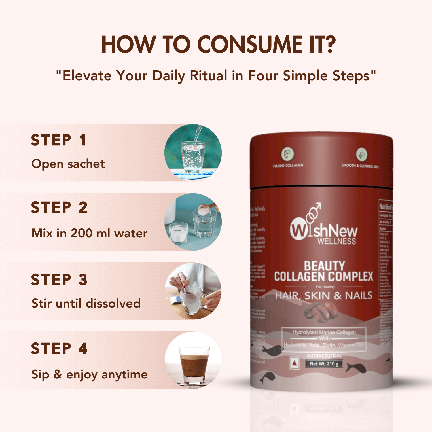 Guide to consuming 'Beauty Collagen Complex' displayed in four steps with visuals: Step 1 - Open sachet, Step 2 - Mix in 200 ml water, Step 3 - Stir until dissolved, Step 4 - Sip & enjoy anytime, alongside the product image featuring 'Hair, Skin & Nails' benefits and marine collagen content.