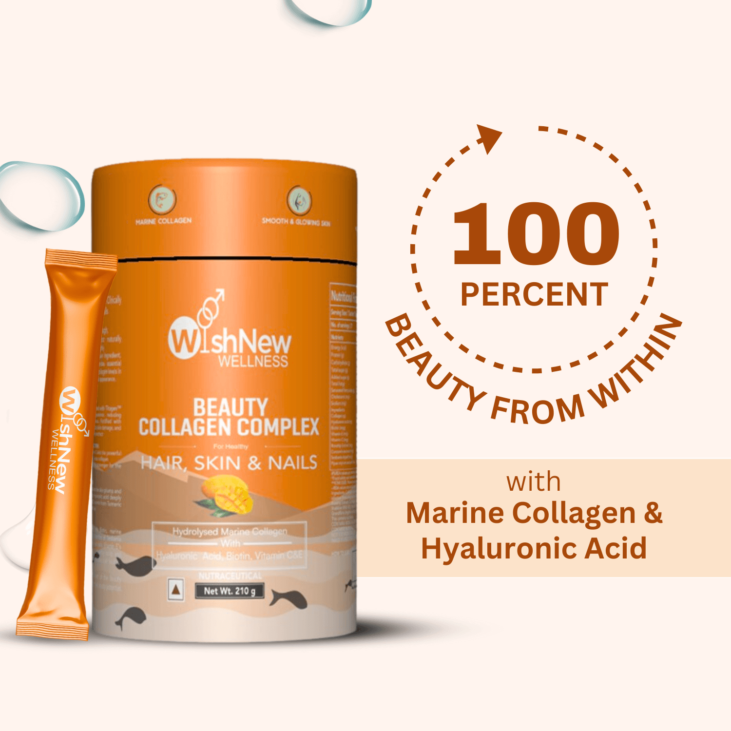 Image showcasing WishNew Wellness Beauty Collagen Complex with the tagline '100 Percent Beauty from Within.' The orange packaging emphasizes its benefits for healthy hair, skin, and nails, featuring key ingredients such as Marine Collagen and Hyaluronic Acid. A single sachet is displayed alongside the container, highlighting convenient usage. The design uses a soft beige background with water droplet accents to emphasize hydration and beauty.