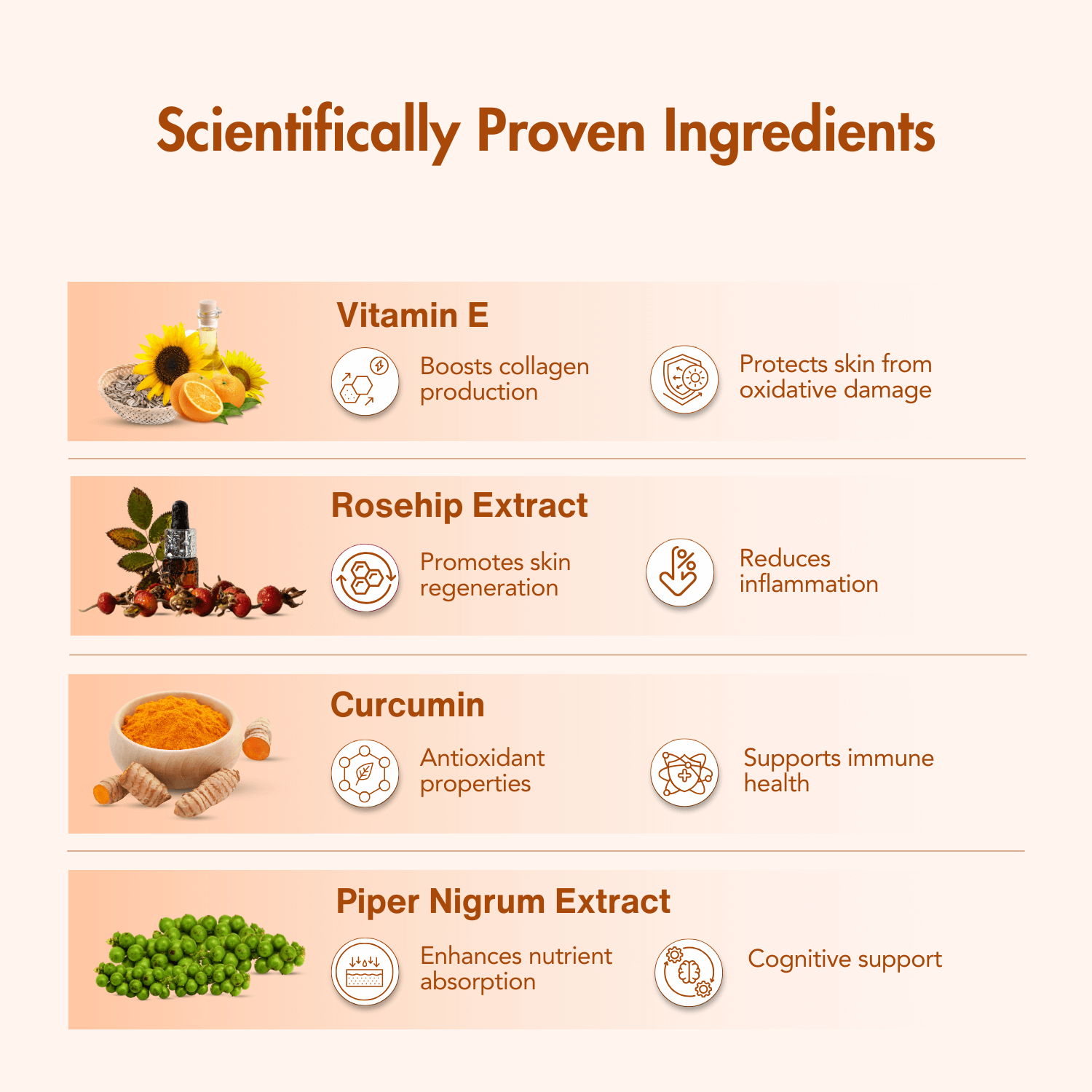 Overview of scientifically proven ingredients in WishNew Wellness Beauty Collagen Complex, featuring Vitamin E for collagen production and oxidative protection, Rosehip Extract for skin regeneration and inflammation reduction, Curcumin for antioxidant and immune health, and Piper Nigrum Extract for nutrient absorption and cognitive support.