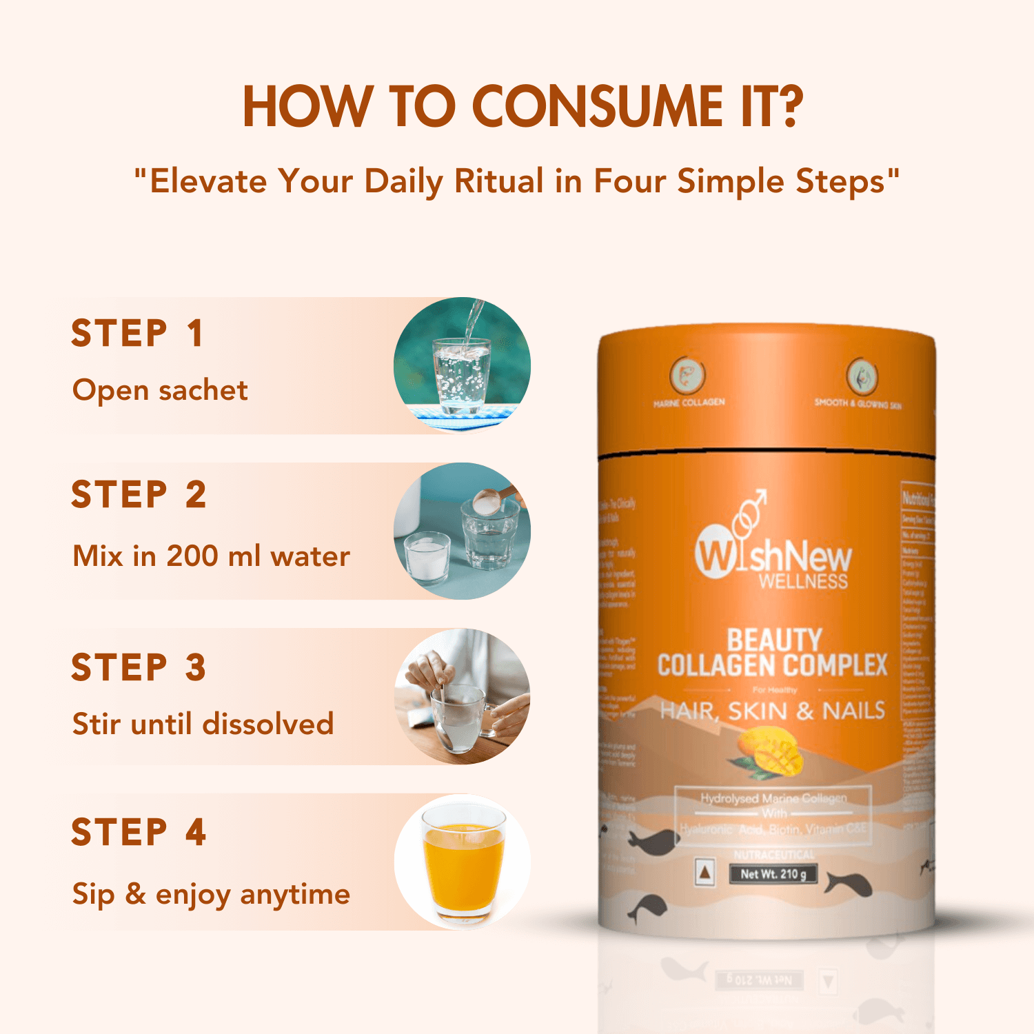 Guide to consuming WishNew Wellness Beauty Collagen Complex: Step 1 - Open the sachet; Step 2 - Mix contents in 200 ml water; Step 3 - Stir until dissolved; Step 4 - Sip and enjoy anytime. Presented alongside the product packaging for easy understanding