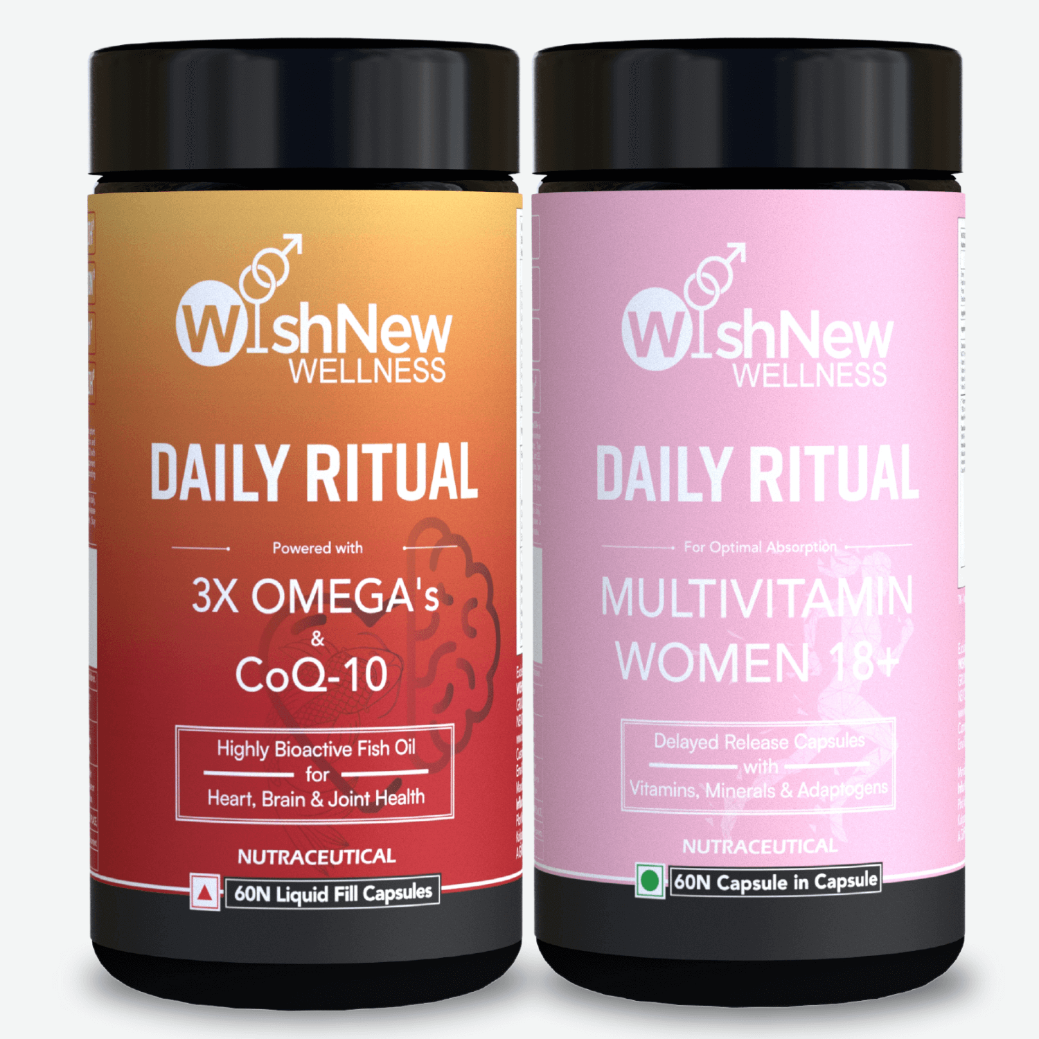 Two WishNew Wellness bottles: '3X Omega's & CoQ-10' for heart, brain, and joint health, and 'Multivitamin Women 18+' with vitamins and adaptogens.