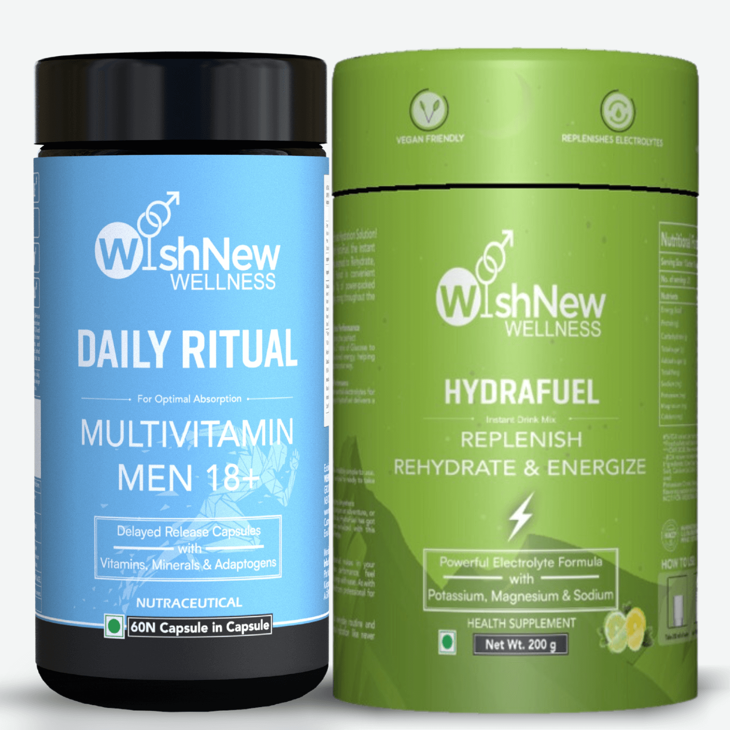 Two WishNew Wellness products: 'Daily Ritual Multivitamin Men 18+' for optimal absorption, featuring vitamins, minerals, and adaptogens; and 'Hydrafuel' electrolyte drink mix to replenish, rehydrate, and energize with potassium, magnesium, and sodium.