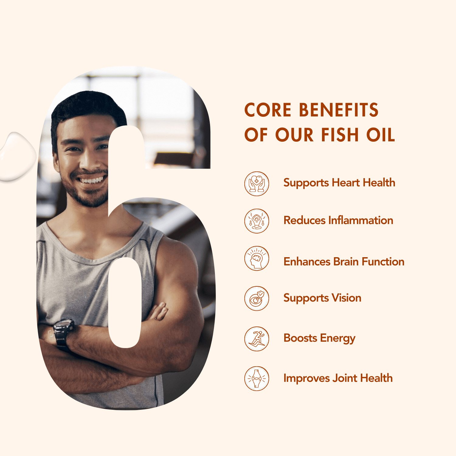 The core benefits of our Triple Strength Fish Oil include supporting heart health, reducing inflammation, and enhancing brain function. It also supports vision, boosts energy, and improves joint health, making it a comprehensive supplement for overall well-being.
