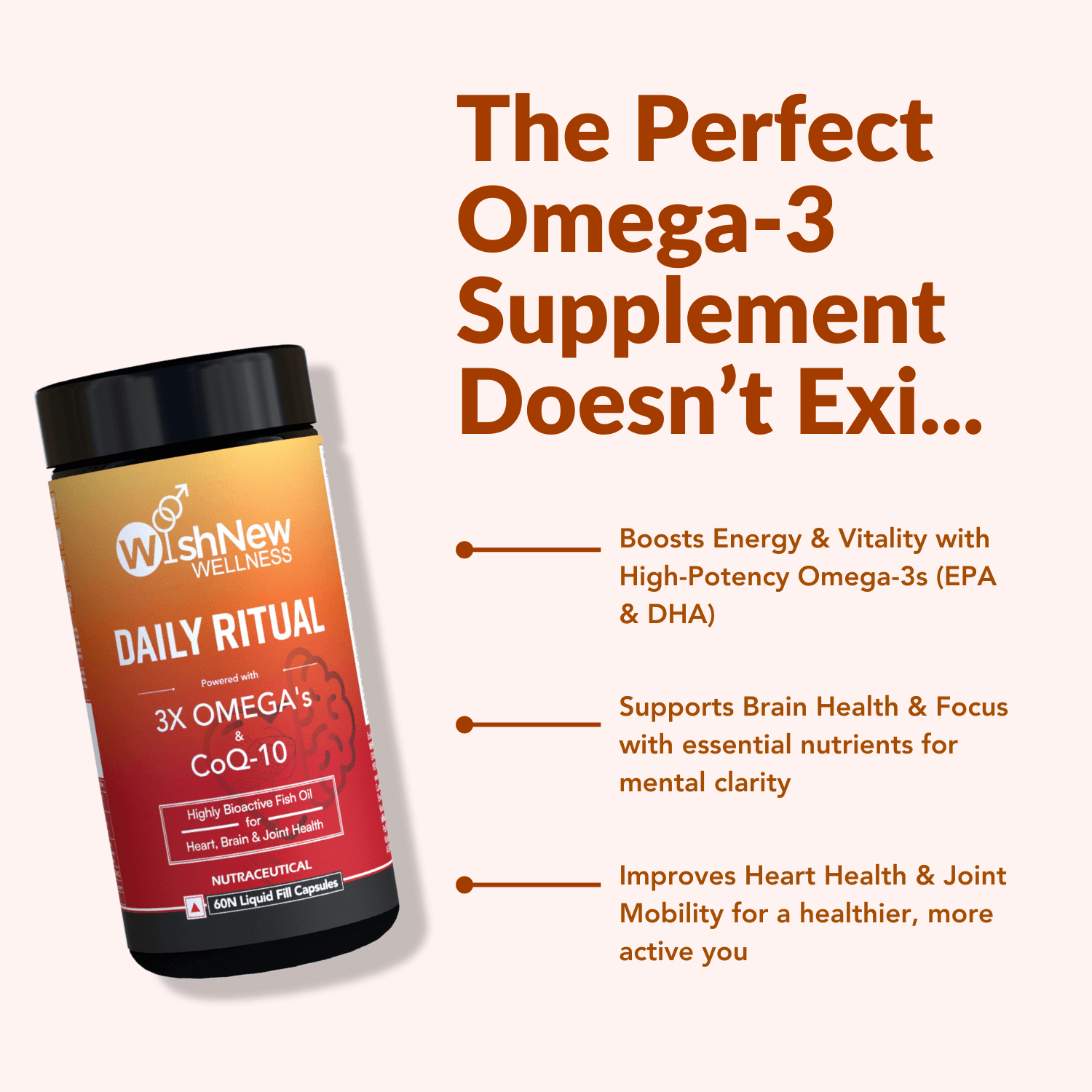 The image presents the key benefits of the product "Daily Ritual" with 3X Omega-3’s, including boosting energy and vitality, supporting brain health and focus, and improving heart health and joint mobility for a healthier, more active lifestyle.