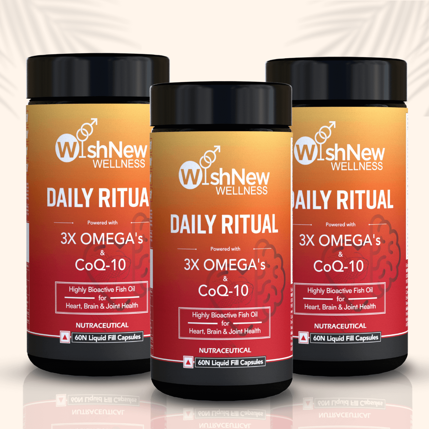 This image features three bottles of "Daily Ritual" supplements, enriched with 3X Omega-3s and CoQ10. The product offers highly bioactive fish oil to support heart, brain, and joint health, with each bottle containing 60 liquid-filled capsules.