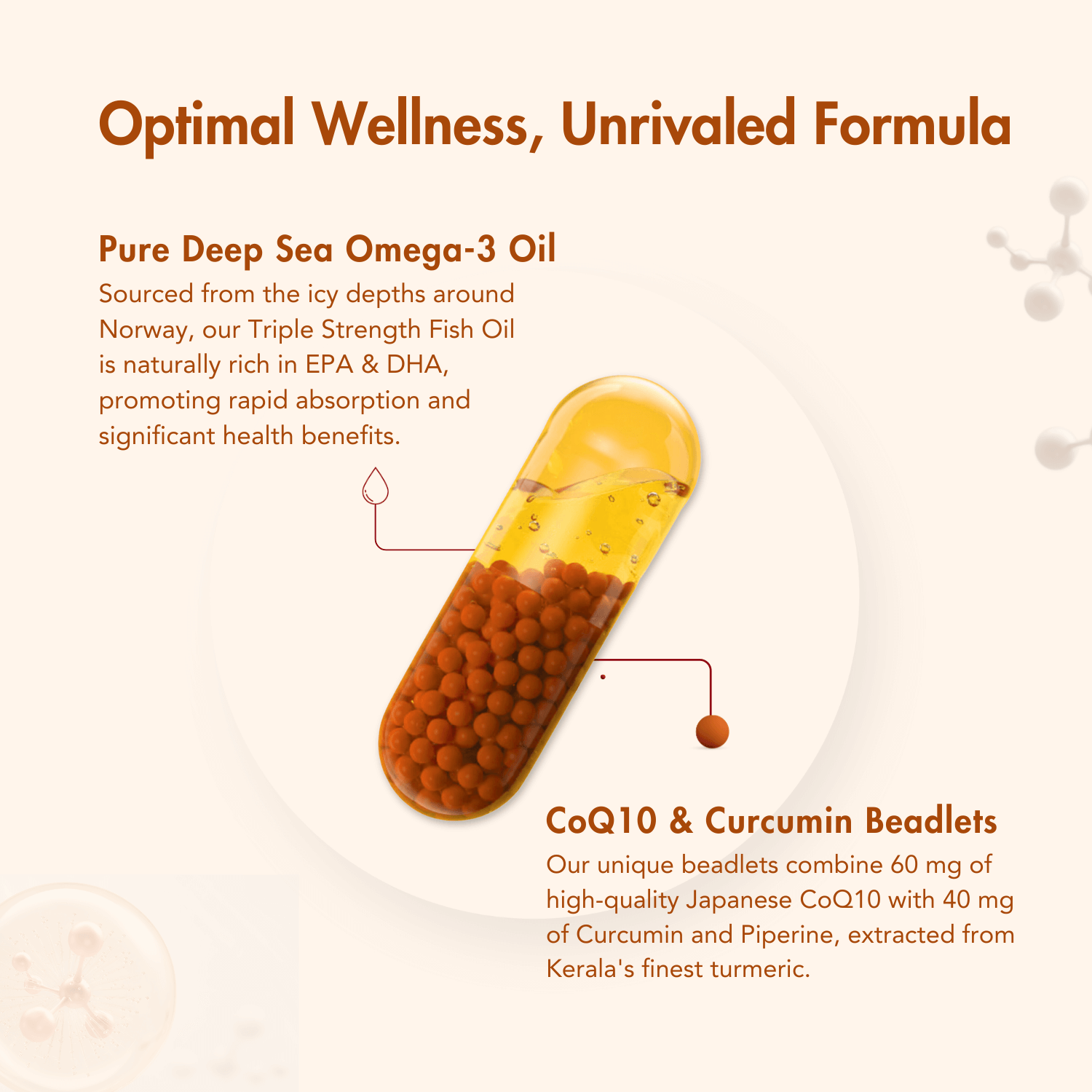 The image describes the "Triple Strength Fish Oil" formula, which includes Pure Deep Sea Omega-3 Oil sourced from Norway, rich in EPA & DHA for rapid absorption and health benefits. It also features unique CoQ10 & Curcumin Beadlets, combining 60 mg of Japanese CoQ10 with 40 mg of Curcumin and Piperine, sourced from Kerala’s turmeric.