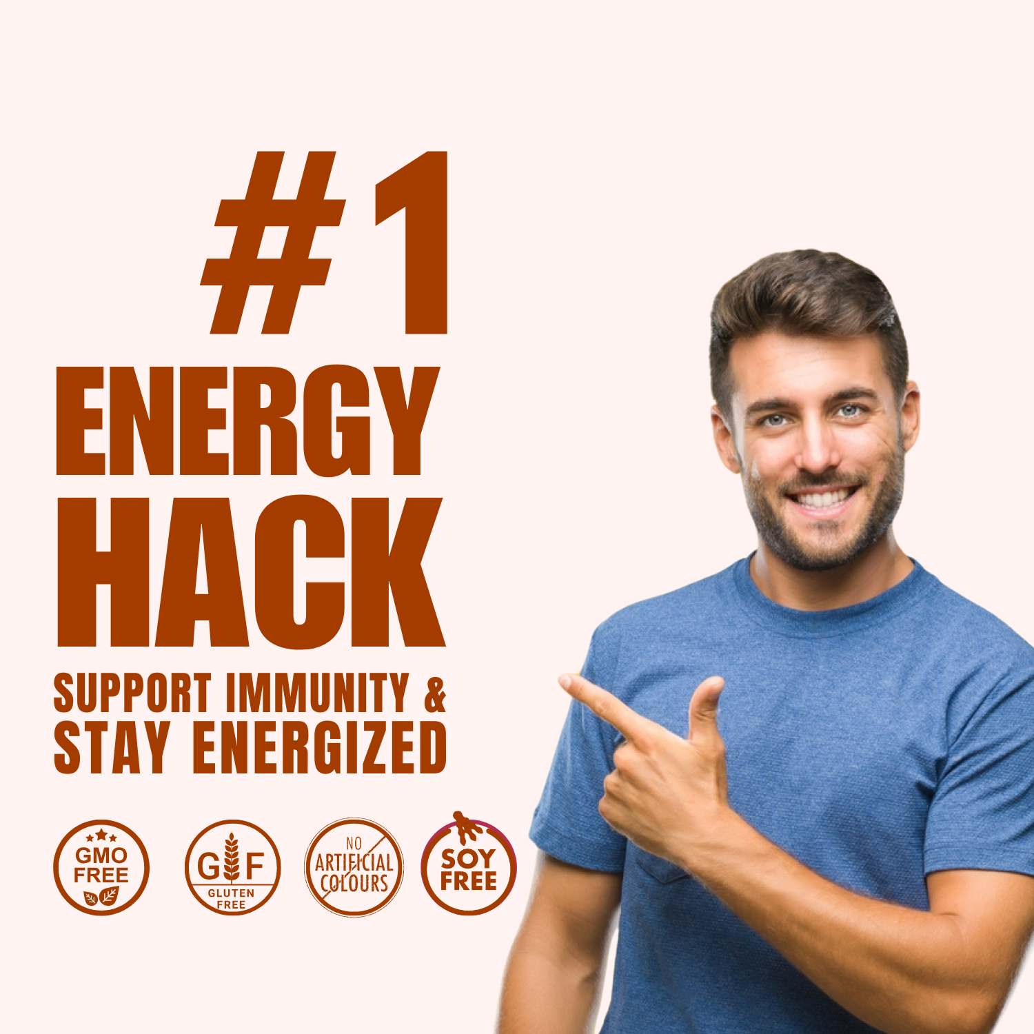 This image showcases the "#1 Energy Hack," emphasizing the benefits of supporting immunity and staying energized. The product is marketed as GMO-free, gluten-free, free of artificial colors, and soy-free.