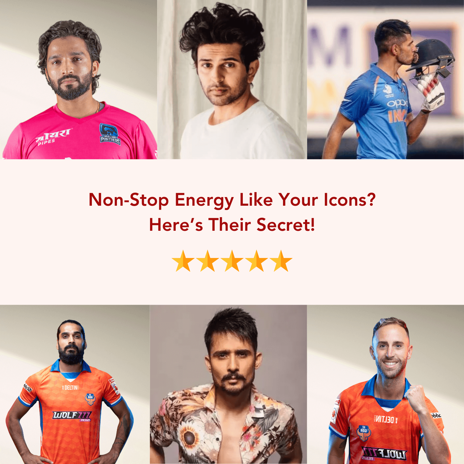 Graphic featuring a collage of well-known personalities from various fields with the tagline 'Non-Stop Energy Like Your Icons? Here’s Their Secret!' Positioned with a 5-star rating to emphasize trust and effectiveness. Designed to associate the product with high-performing individuals and their energy secrets.