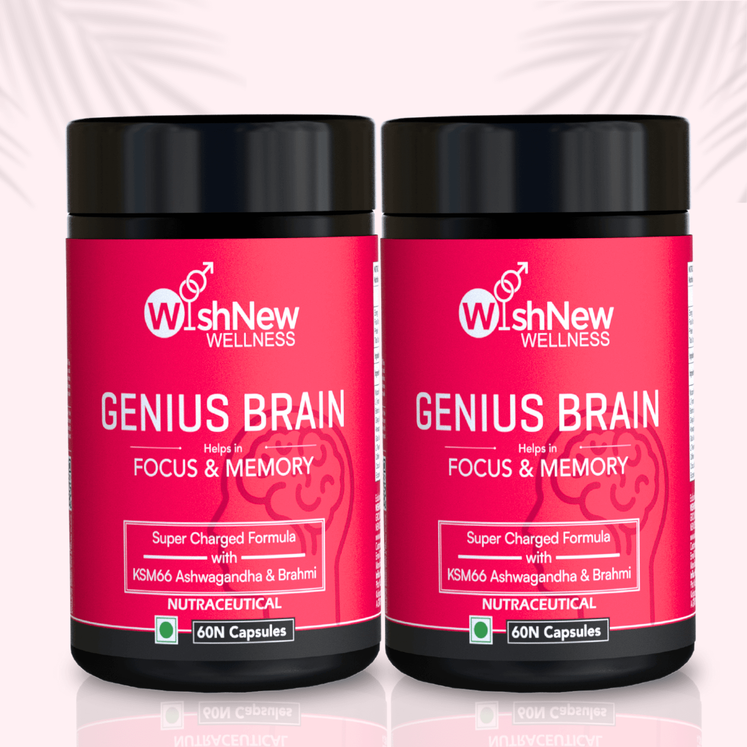 Double the genius! Two bottles of WishNew Wellness Genius Brain for sharper focus and improved memory. Enriched with KSM66 Ashwagandha and Brahmi.