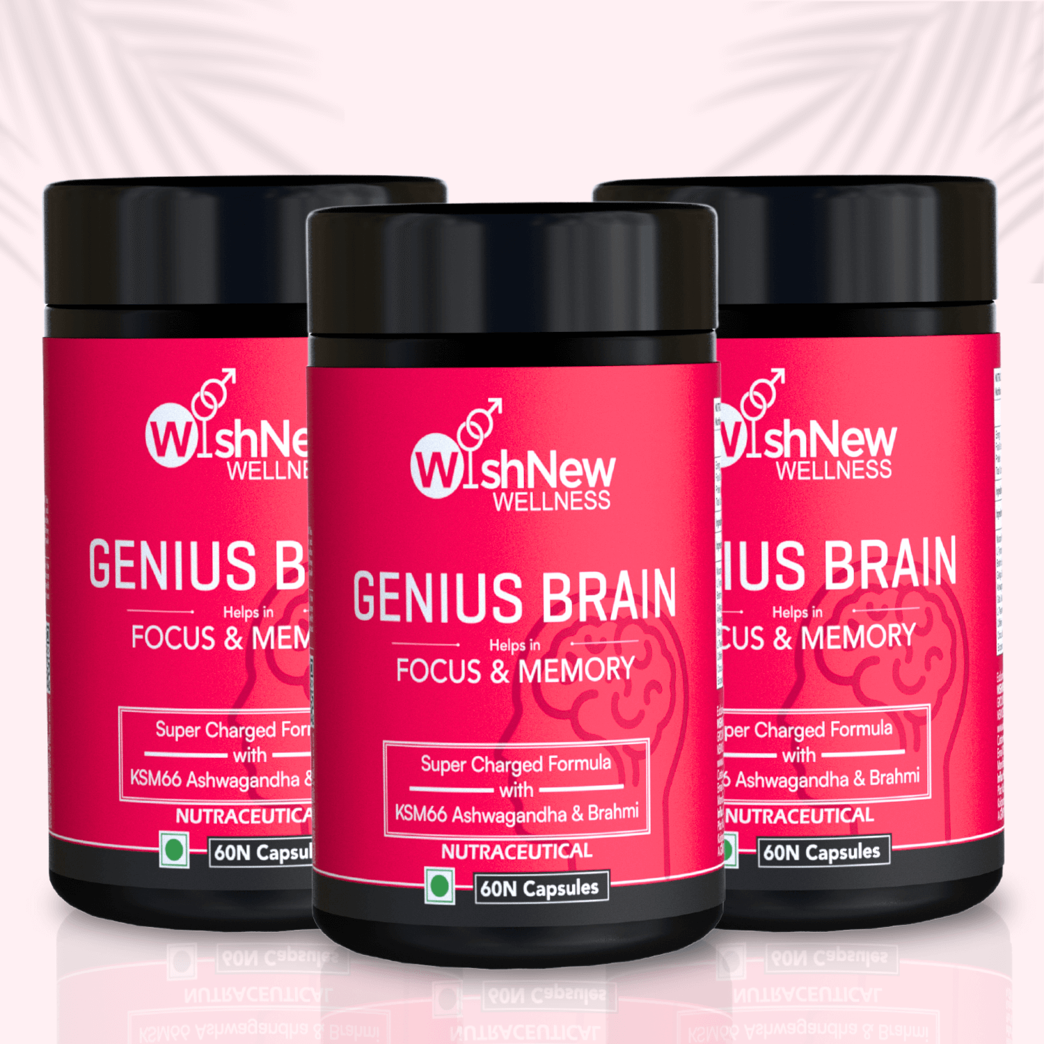 Triple the brilliance! Three bottles of WishNew Wellness Genius Brain to elevate focus, memory, and mental clarity. Packed with KSM66 Ashwagandha and Brahmi for enhanced cognitive support.