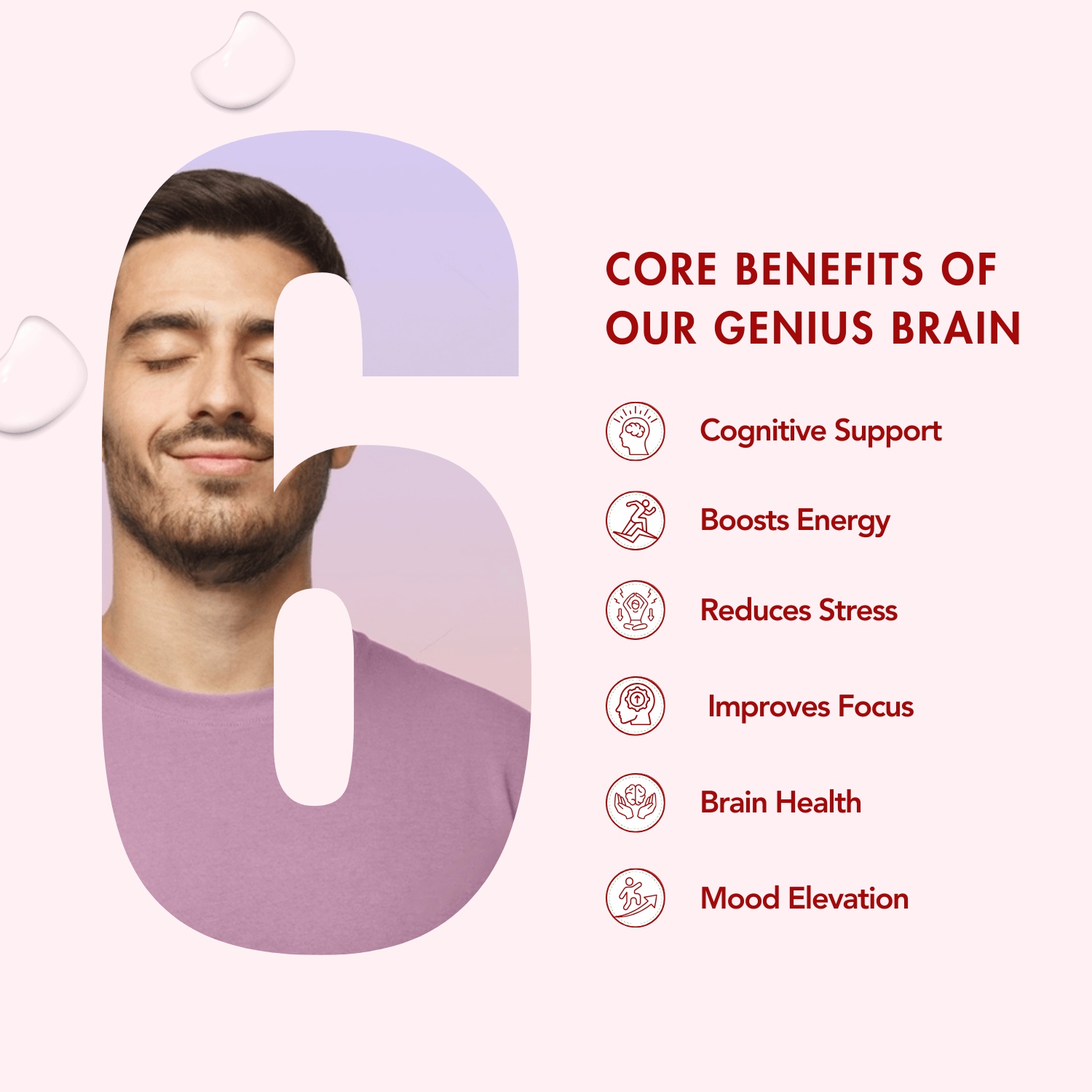 Core Benefits of Genius Brain: Enhances cognitive support, boosts energy, reduces stress, improves focus, supports brain health, and elevates mood.