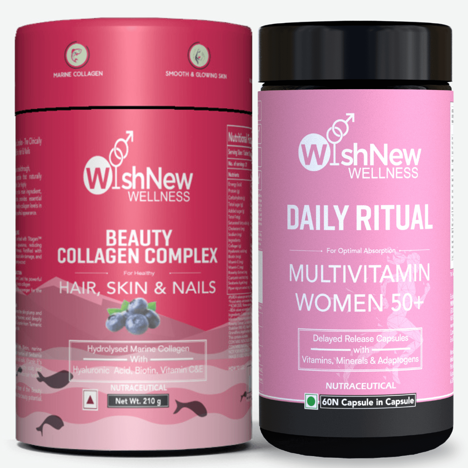 Two WishNew Wellness products: 'Beauty Collagen Complex' for healthy hair, skin, and nails with marine collagen, hyaluronic acid, and biotin; and 'Daily Ritual Multivitamin Women 50+' for optimal absorption with vitamins, minerals, and adaptogens.