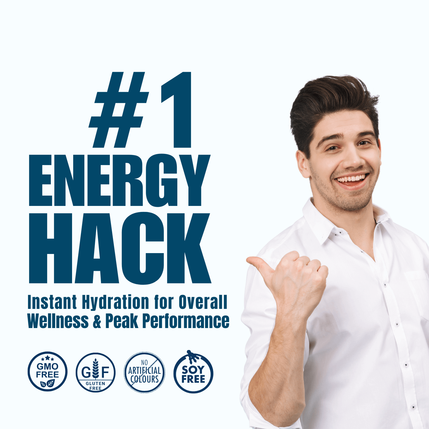 A promotional image featuring a cheerful man with dark hair in a white shirt giving a thumbs-up gesture. The text reads "#1 Energy Hack" in bold blue letters, followed by "Instant Hydration for Overall Wellness & Peak Performance." Below are icons indicating "GMO-Free," "Gluten-Free," "No Artificial Colours," and "Soy-Free." The design emphasizes health and energy benefits.