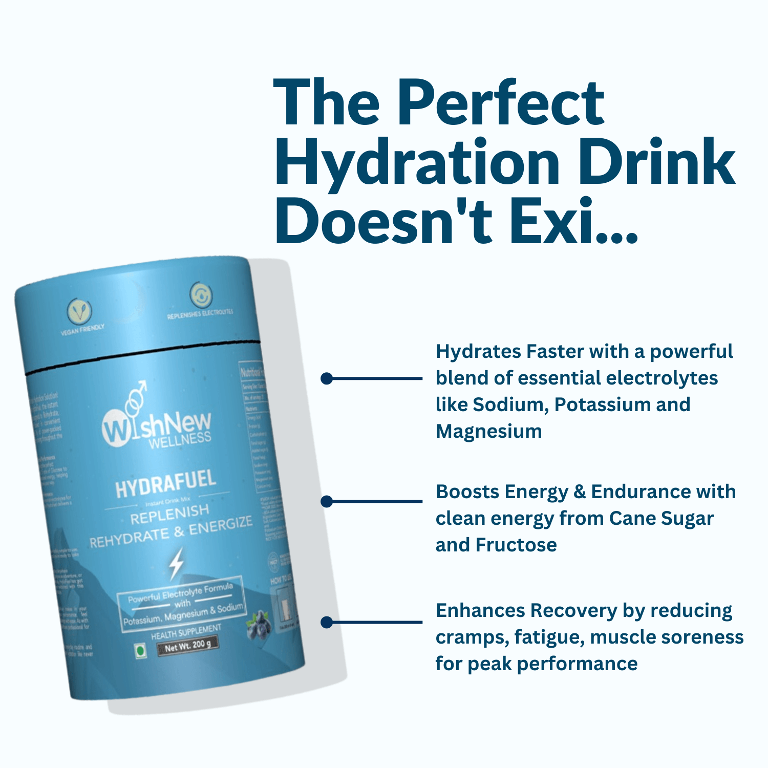  A promotional image for Hydrafuel by WishNew Wellness with the headline "The Perfect Hydration Drink Doesn't Exi..." showcasing the blue Hydrafuel container tilted to the left. Key benefits are listed: "Hydrates Faster with a powerful blend of essential electrolytes like Sodium, Potassium, and Magnesium," "Boosts Energy & Endurance with clean energy from Cane Sugar and Fructose," and "Enhances Recovery by reducing cramps, fatigue, muscle soreness for peak performance." The design emphasizes health and hydr