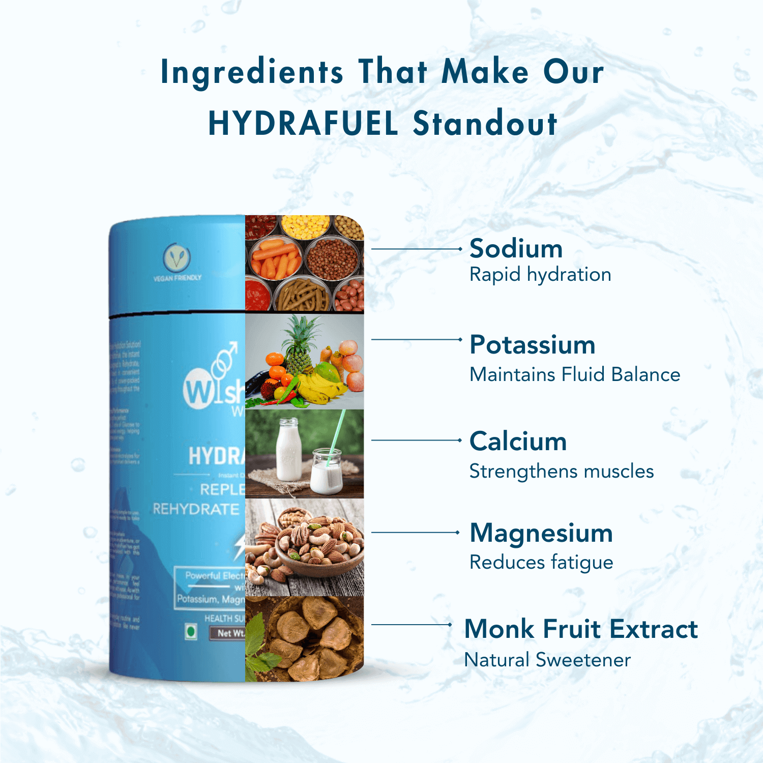 An infographic showcasing the key ingredients in WishNew Wellness's Hydrafuel with corresponding benefits: Sodium for rapid hydration, Potassium for maintaining fluid balance, Calcium for strengthening muscles, Magnesium for reducing fatigue, and Monk Fruit Extract as a natural sweetener. The image features vibrant visuals of food sources for each ingredient, emphasizing its health-focused composition.