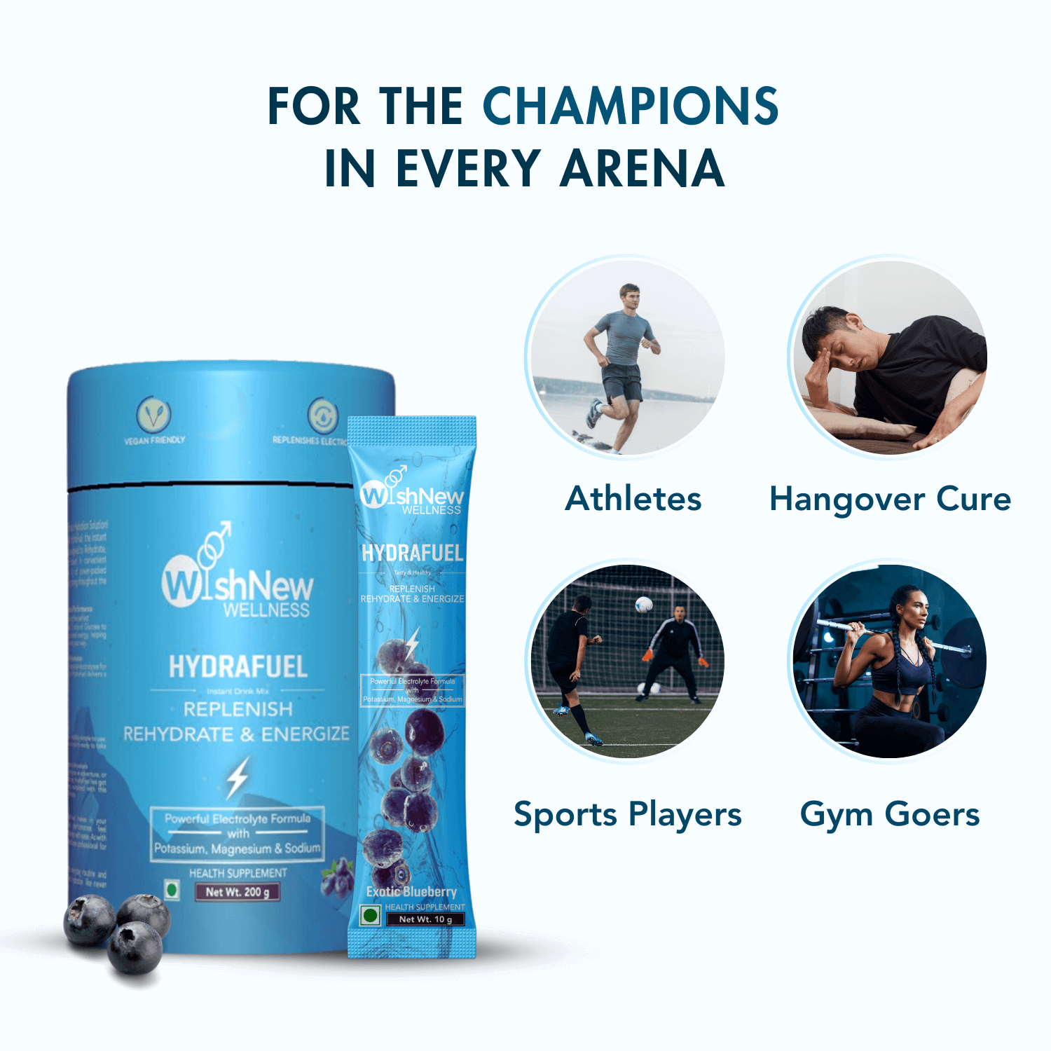 An image showcasing WishNew Wellness's Hydrafuel product with the tagline 'For the Champions in Every Arena.' Highlights its versatility and appeal for different audiences, including Athletes, as a Hangover Cure, Sports Players, and Gym Goers. The design features product packaging alongside activity-focused icons to emphasize its benefits for active and energetic lifestyles.An image showcasing WishNew Wellness's Hydrafuel product with the tagline 'For the Champions in Every Arena.' Highlights its versatilit