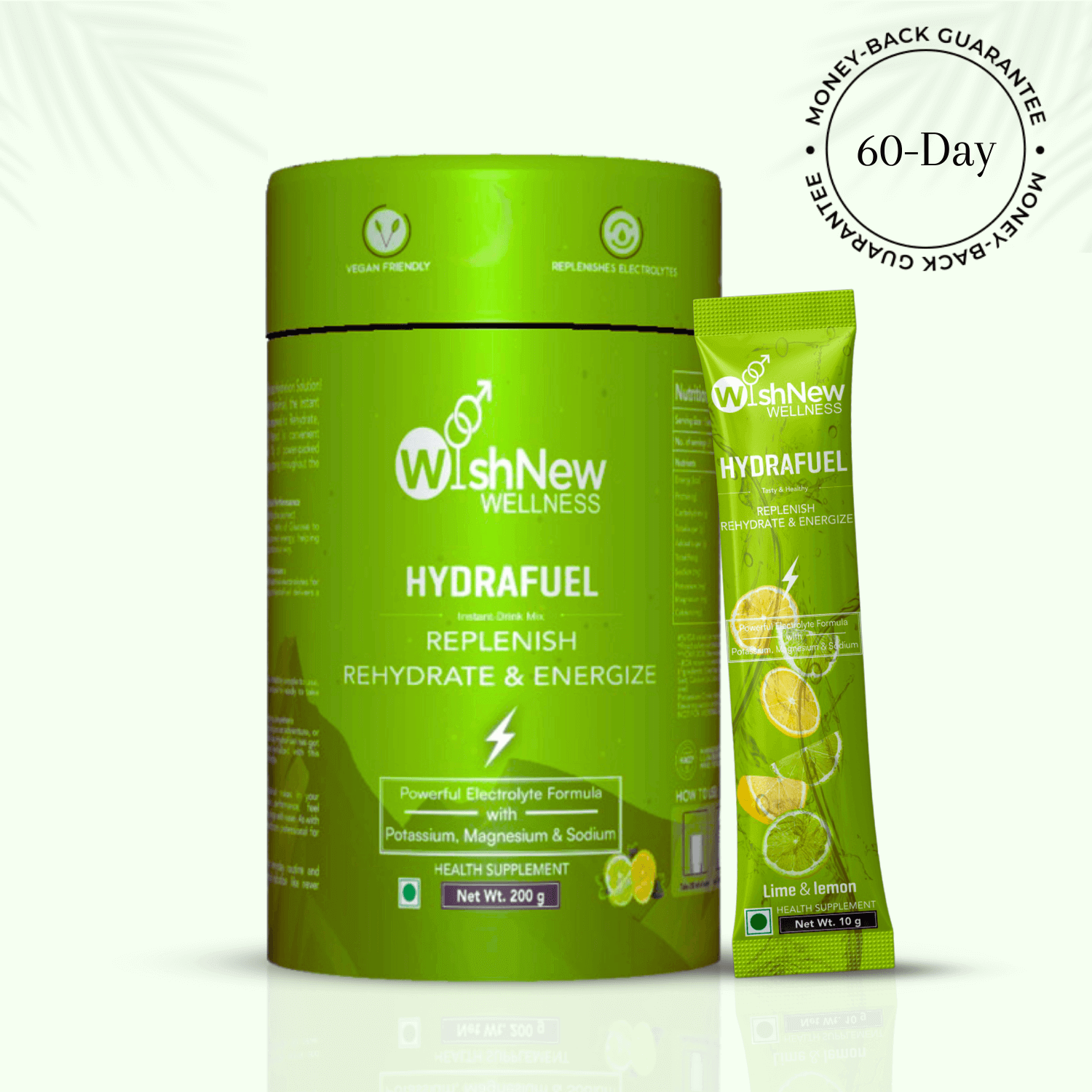 WishNew Wellness Hydrafuel electrolyte powder container and sachet (Lime & Lemon flavor) with 60-day money-back guarantee badge. Product highlights include "Replenish, Rehydrate & Energize" and a powerful formula with potassium, magnesium, and sodium.
