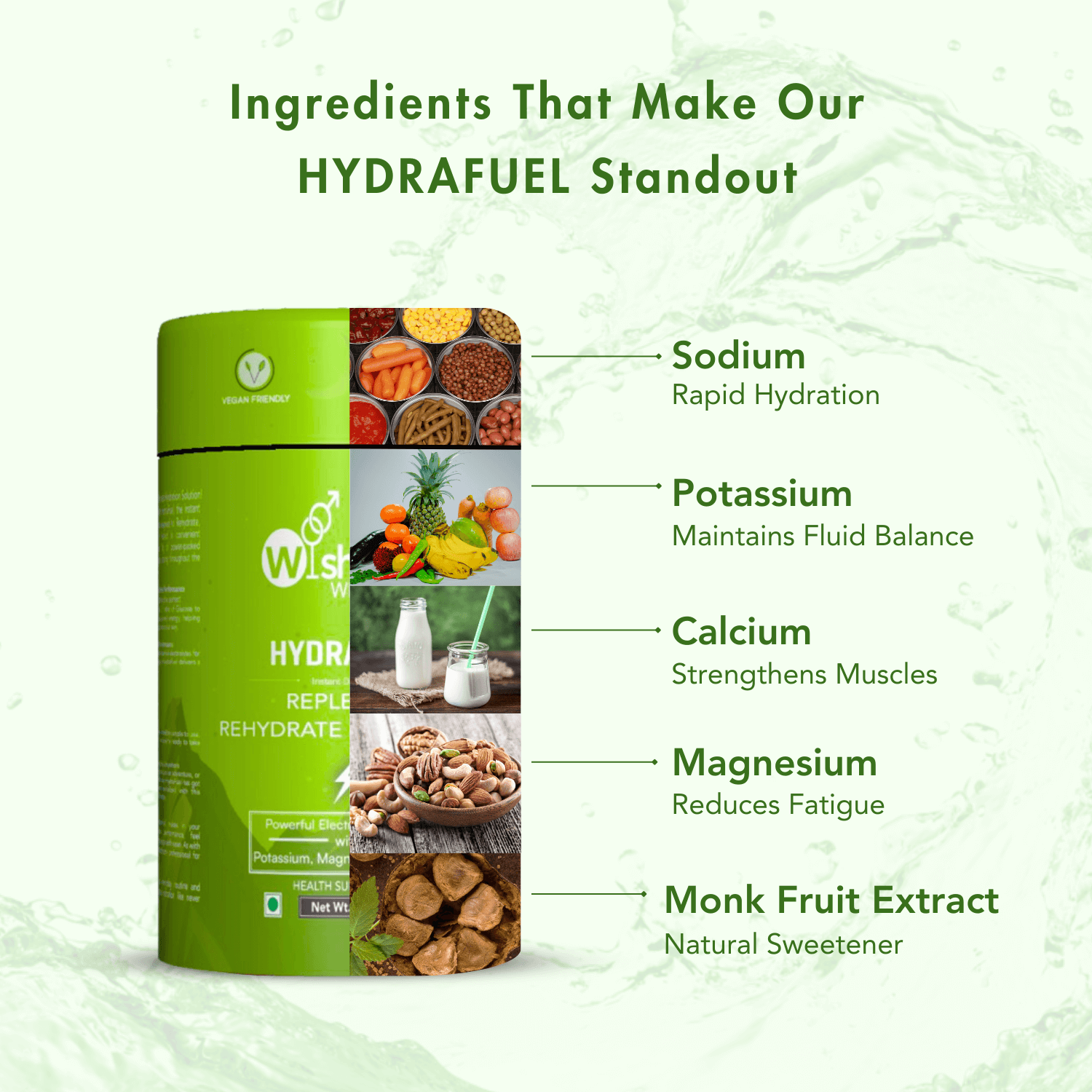 WishNew Wellness Hydrafuel container highlighting key ingredients: sodium for rapid hydration, potassium for fluid balance, calcium for muscle strength, magnesium for fatigue reduction, and monk fruit extract as a natural sweetener. Includes ingredient images and product benefits.

