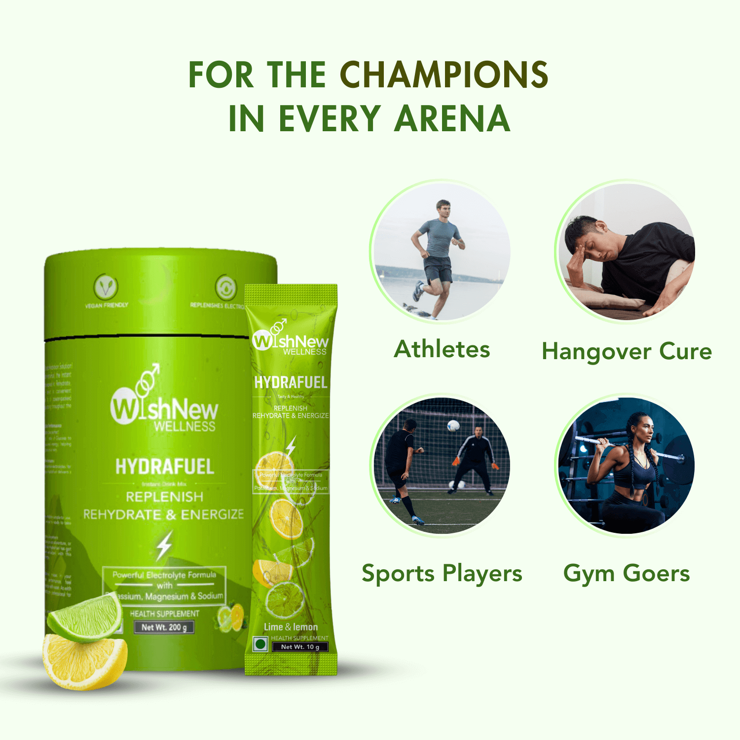 Promotional graphic for WishNew Wellness Hydrafuel in Lime & Lemon flavor (green variant). The product canister and sachet are shown alongside fresh lime and lemon slices. The headline reads, "For the Champions in Every Arena." Four circular images highlight target users: Athletes, Hangover Cure, Sports Players, and Gym Goers. Each group is represented with an action photo, and all text and accents are in shades of green, reinforcing the lime & lemon theme and fresh, energizing appeal.