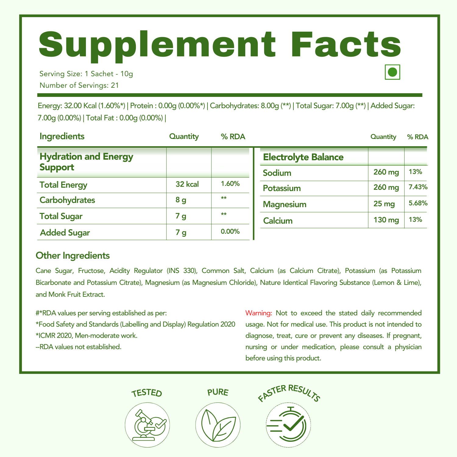 Supplement Facts label for WishNew Wellness Hydrafuel Lime & Lemon flavor. The table shows nutritional values per 10g sachet (21 servings per pack). Key information: 32 kcal, 8g carbohydrates, 7g total and added sugar. Electrolyte content: 260mg sodium (13% RDA), 260mg potassium (7.43% RDA), 25mg magnesium (5.68% RDA), and 130mg calcium (13% RDA). Other ingredients include cane sugar, fructose, acidity regulator, common salt, calcium citrate, potassium bicarbonate and citrate, magnesium chloride, lemon & li