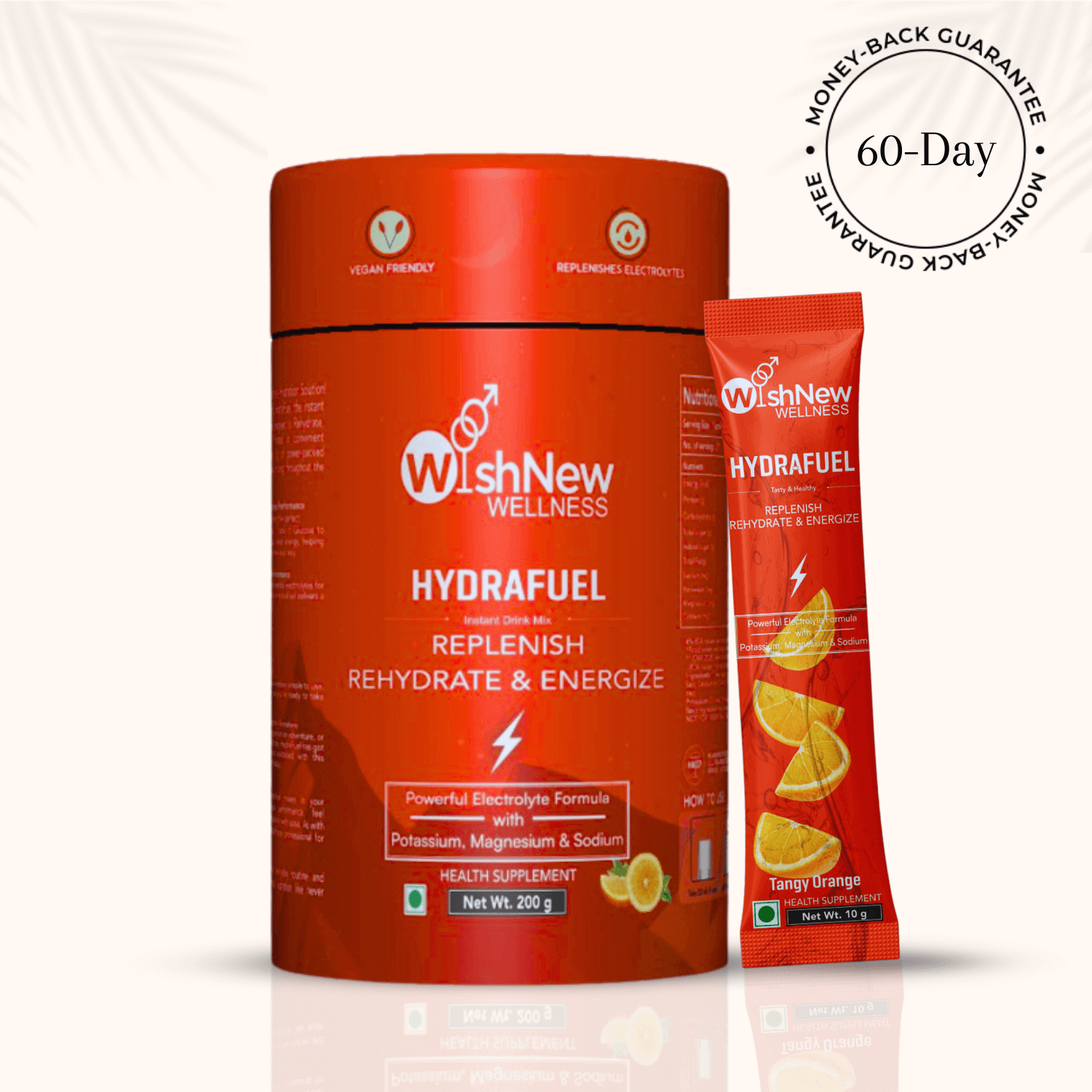 Image featuring WishNew Wellness Hydrafuel in Tangy Orange flavor. The packaging consists of a large, bright orange canister and a single-serve sachet, both labeled "Replenish, Rehydrate & Energize." The label highlights a "Powerful Electrolyte Formula with Potassium, Magnesium & Sodium" and includes icons for "Vegan Friendly" and "Replenishes Electrolytes." An illustration of orange slices is shown on the sachet and near the bottom of the canister. A circular "60-Day Money-Back Guarantee" badge appears in 