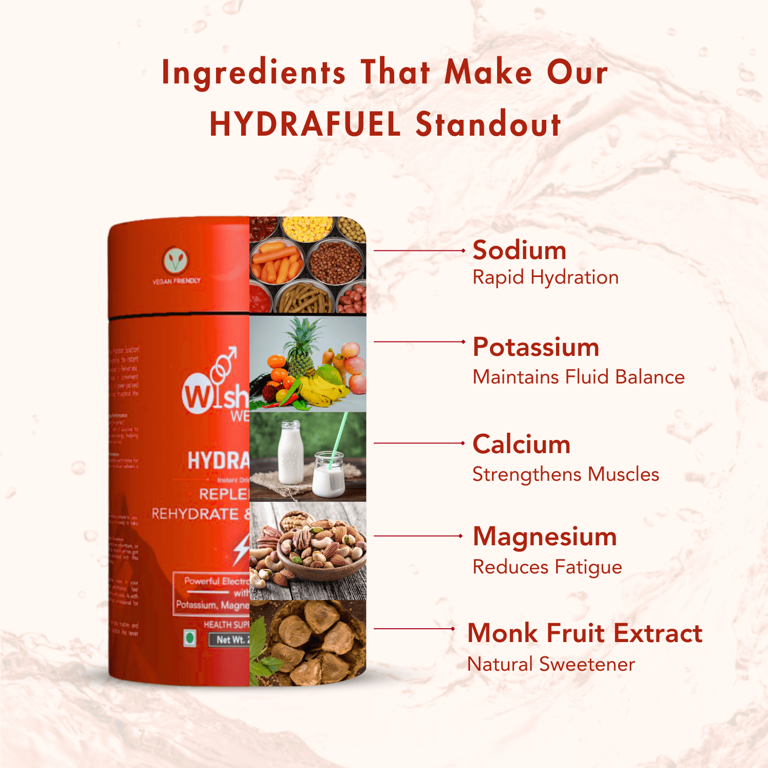 Infographic showcasing WishNew Wellness Hydrafuel (Tangy Orange flavor) canister with images of natural ingredient sources. Text highlights key ingredients and their benefits: Sodium for rapid hydration, Potassium to maintain fluid balance, Calcium for muscle strength, Magnesium to reduce fatigue, and Monk Fruit Extract as a natural sweetener. Each ingredient is paired with a relevant food image. The color scheme features orange accents, matching the product’s flavor and packaging. The background includes a