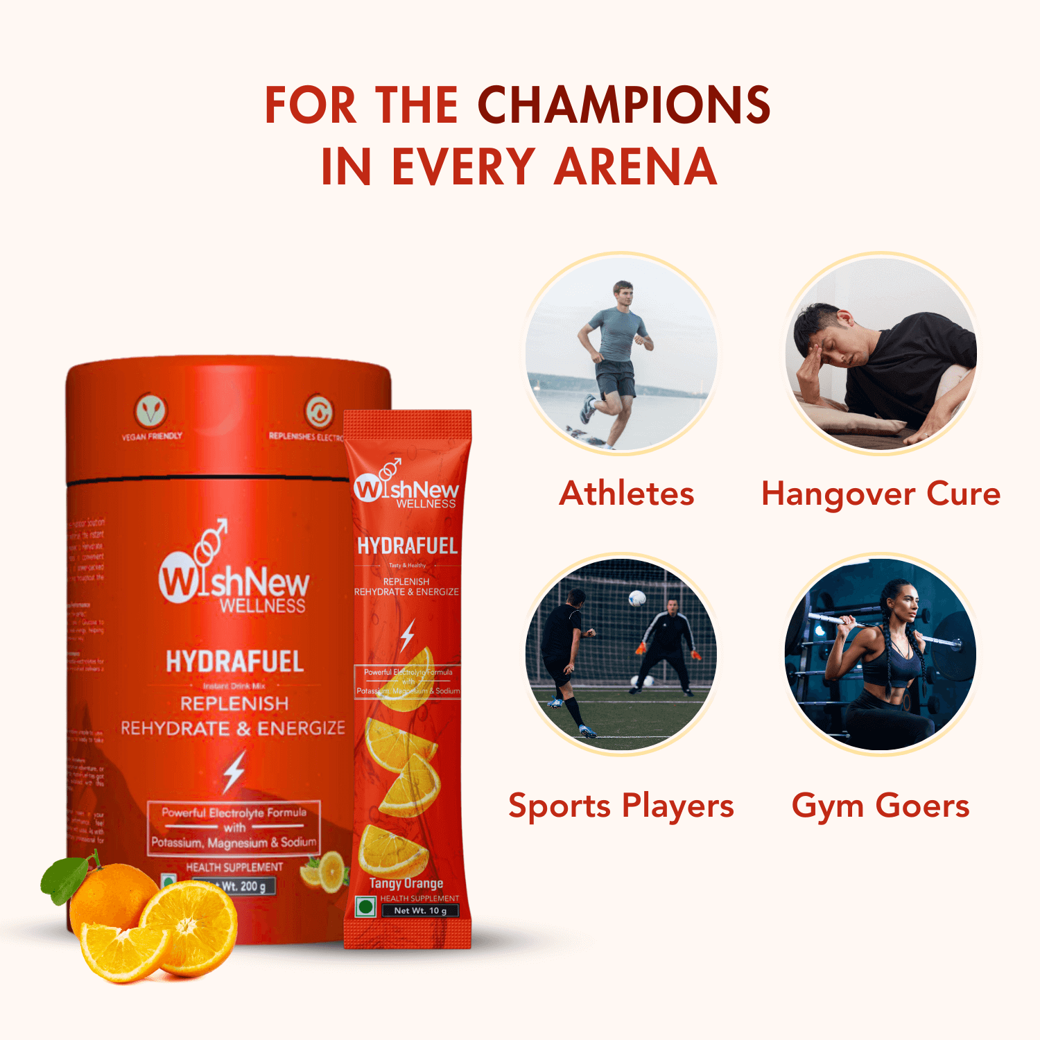Promotional graphic for WishNew Wellness Hydrafuel (Tangy Orange flavor). The product canister and sachet are shown in bright orange alongside fresh orange slices. The headline reads, "For the Champions in Every Arena." Four circular images highlight key user groups: Athletes, Hangover Cure, Sports Players, and Gym Goers, each represented by an action photo. All text and accents use bold orange tones, matching the product’s flavor and reinforcing its energetic, refreshing appeal.
