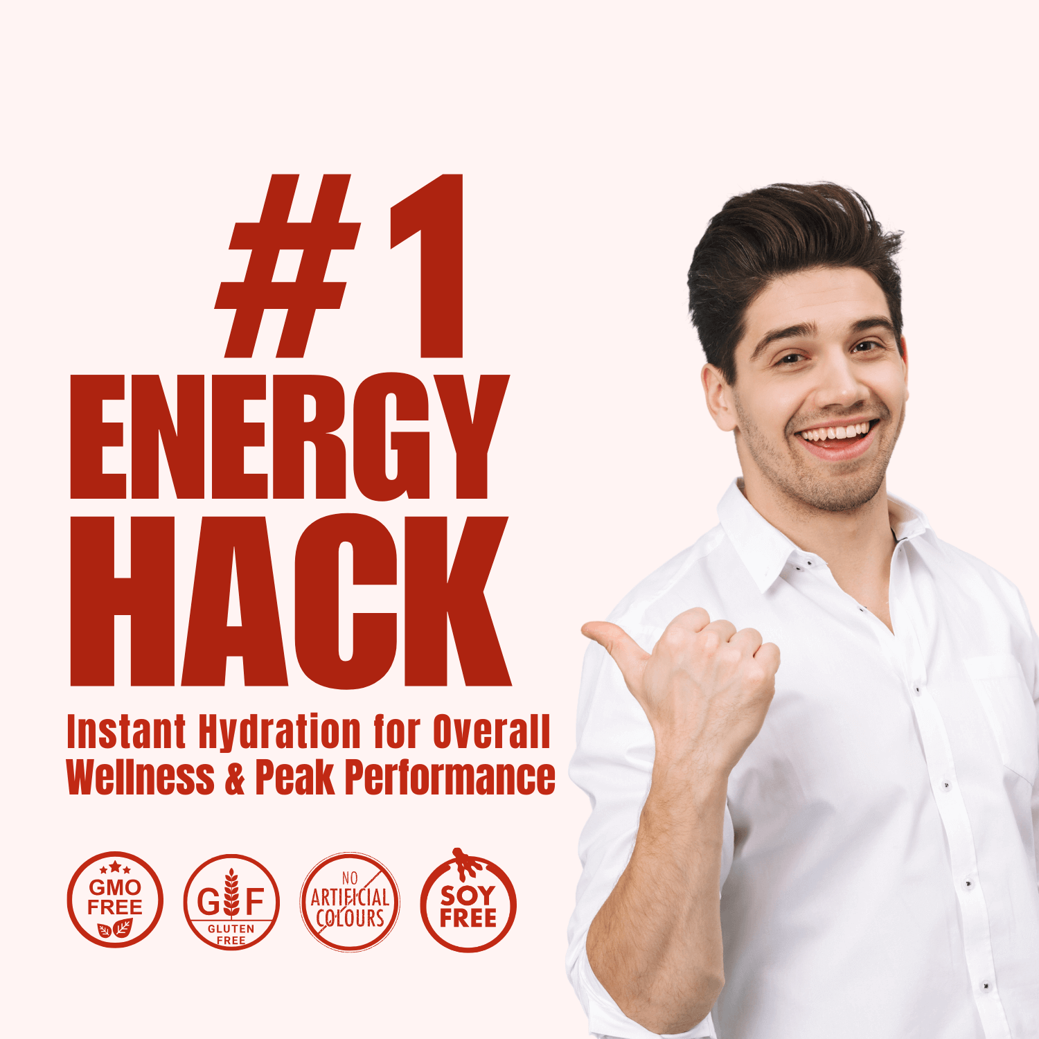 Promotional graphic for WishNew Wellness Hydrafuel (Tangy Orange flavor). The design features a cheerful young man in a white shirt, smiling and pointing towards a bold headline: "#1 Energy Hack." Below, it says "Instant Hydration for Overall Wellness & Peak Performance" in large orange letters. Four circular icons highlight key product attributes: GMO Free, Gluten Free, No Artificial Colours, and Soy Free. The background is a soft orange-beige, complementing the energetic and healthy messaging.